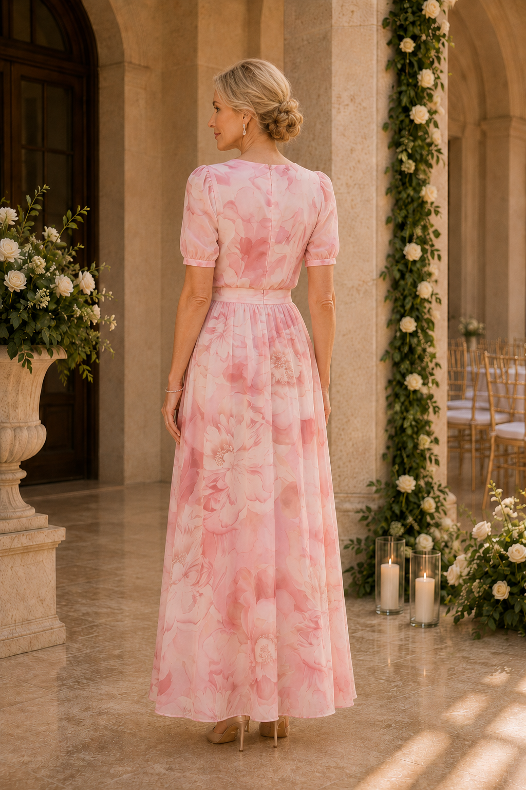Vestido largo evasé con estampado floral y mangas abullonadas