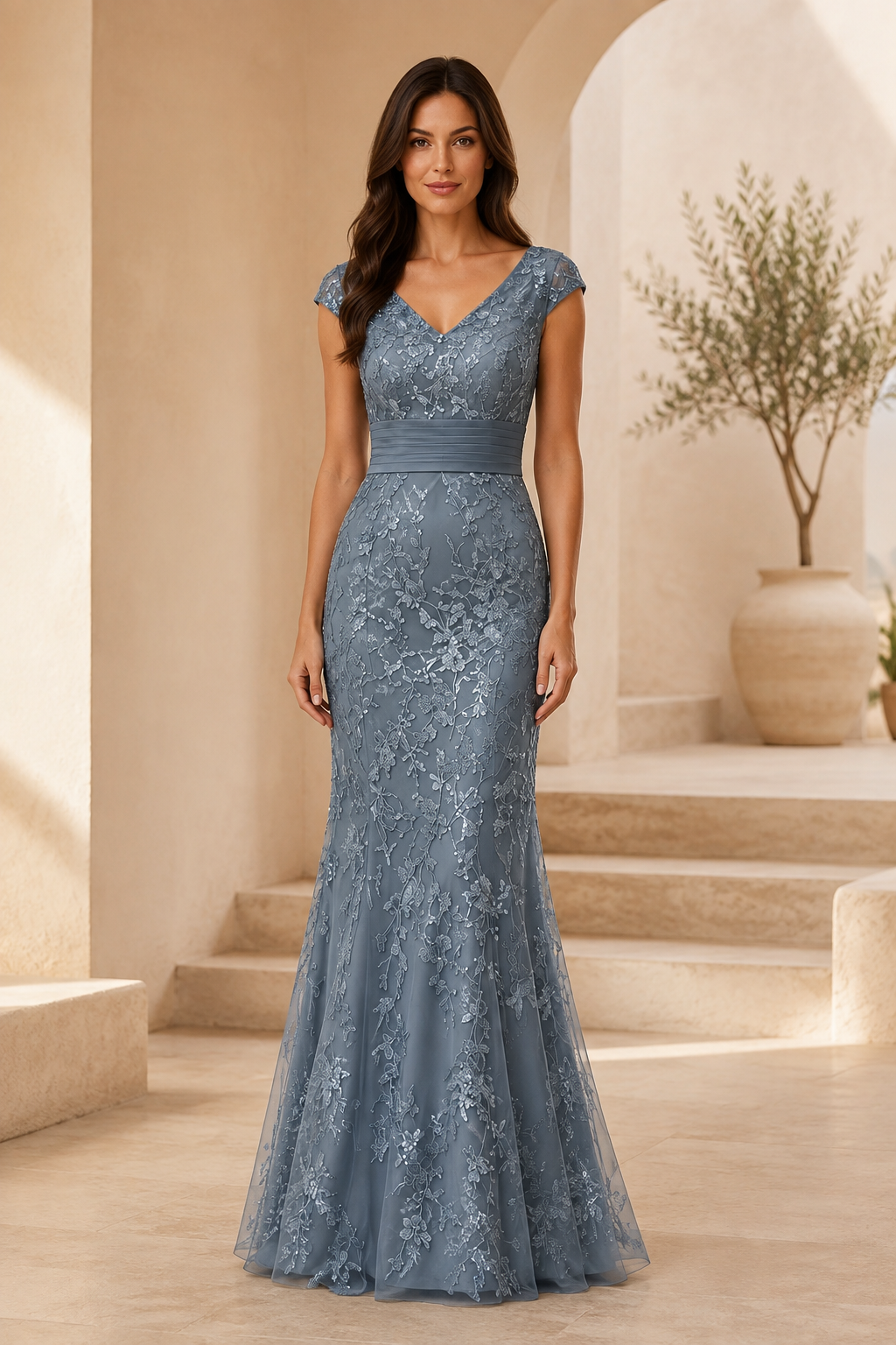 Vestido de Noche Sirena de Encaje Floral con Mangas Cortas