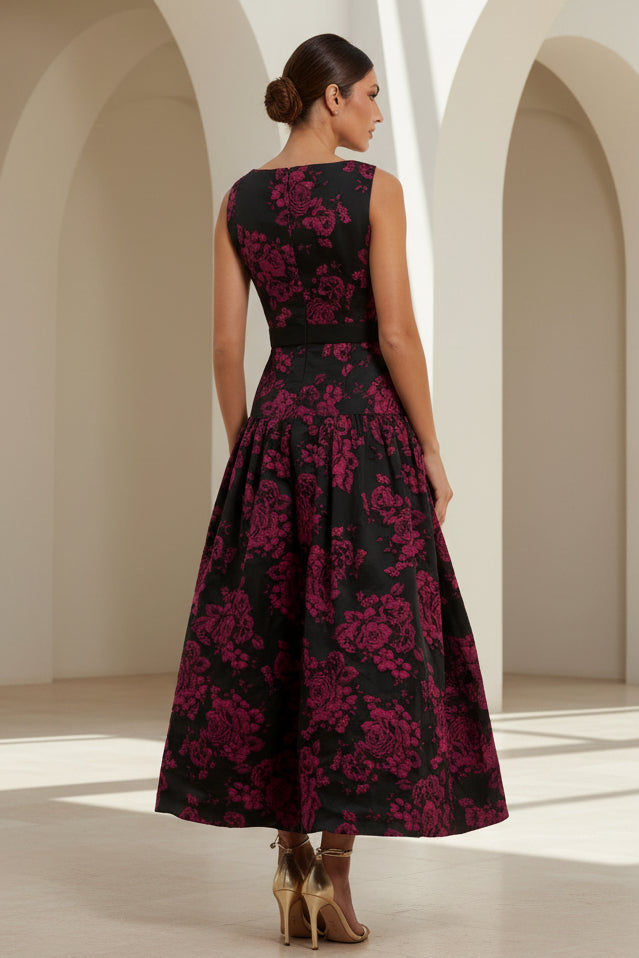 Vestido midi sin mangas con lazo de jacquard floral