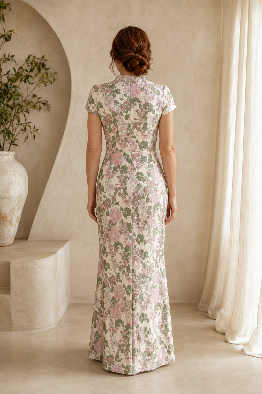 Vestido cruzado de jacquard floral con cuello alto y mangas casquillo