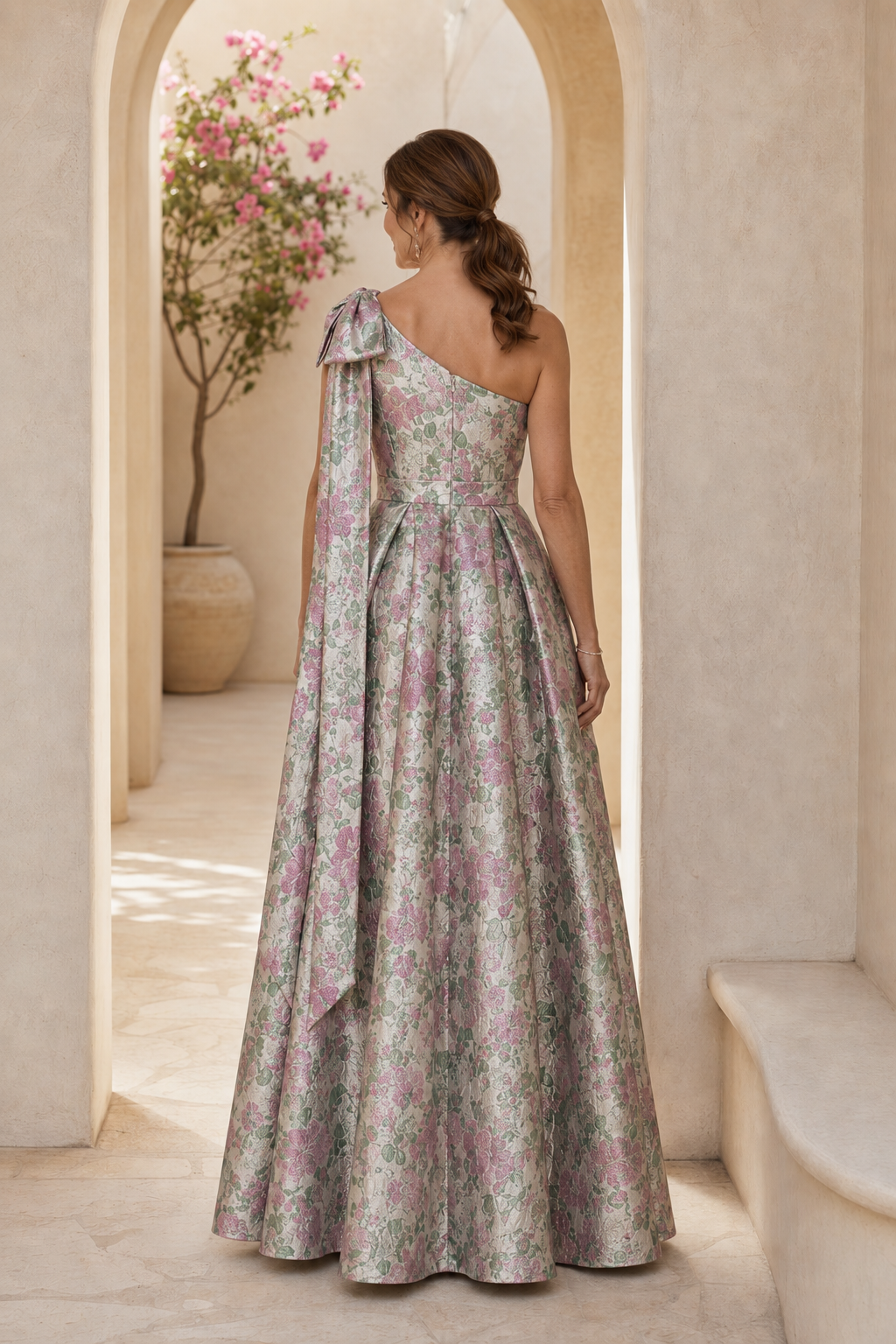 Vestido largo con diseño floral de jacquard, un solo hombro y corte en A