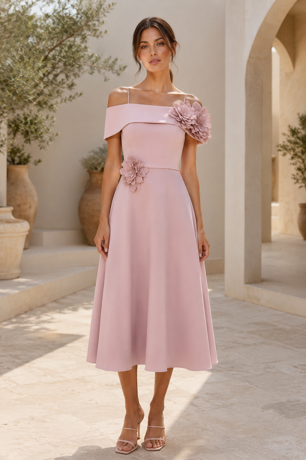 Vestido midi con diseño floral 3D, hombros descubiertos y lazo en la espalda