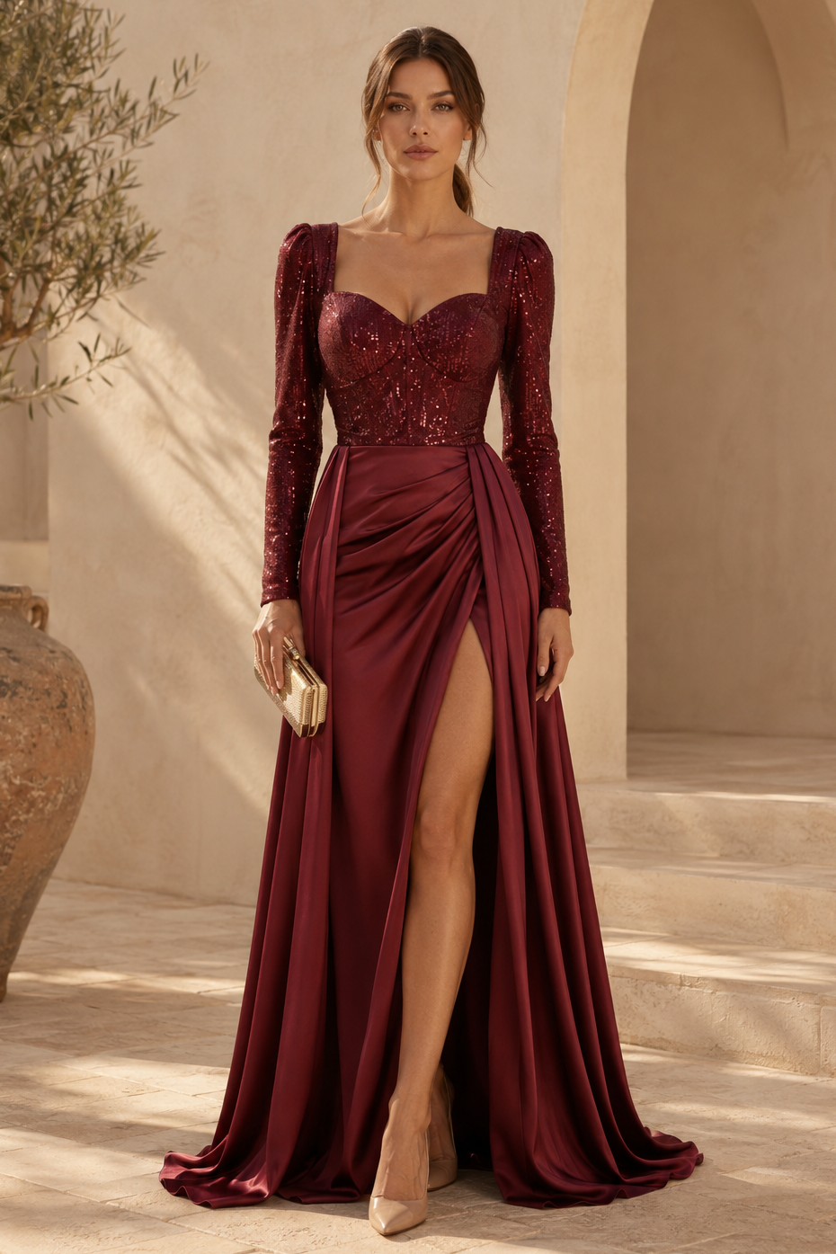 Vestido largo con corpiño corsé de lentejuelas y abertura alta
