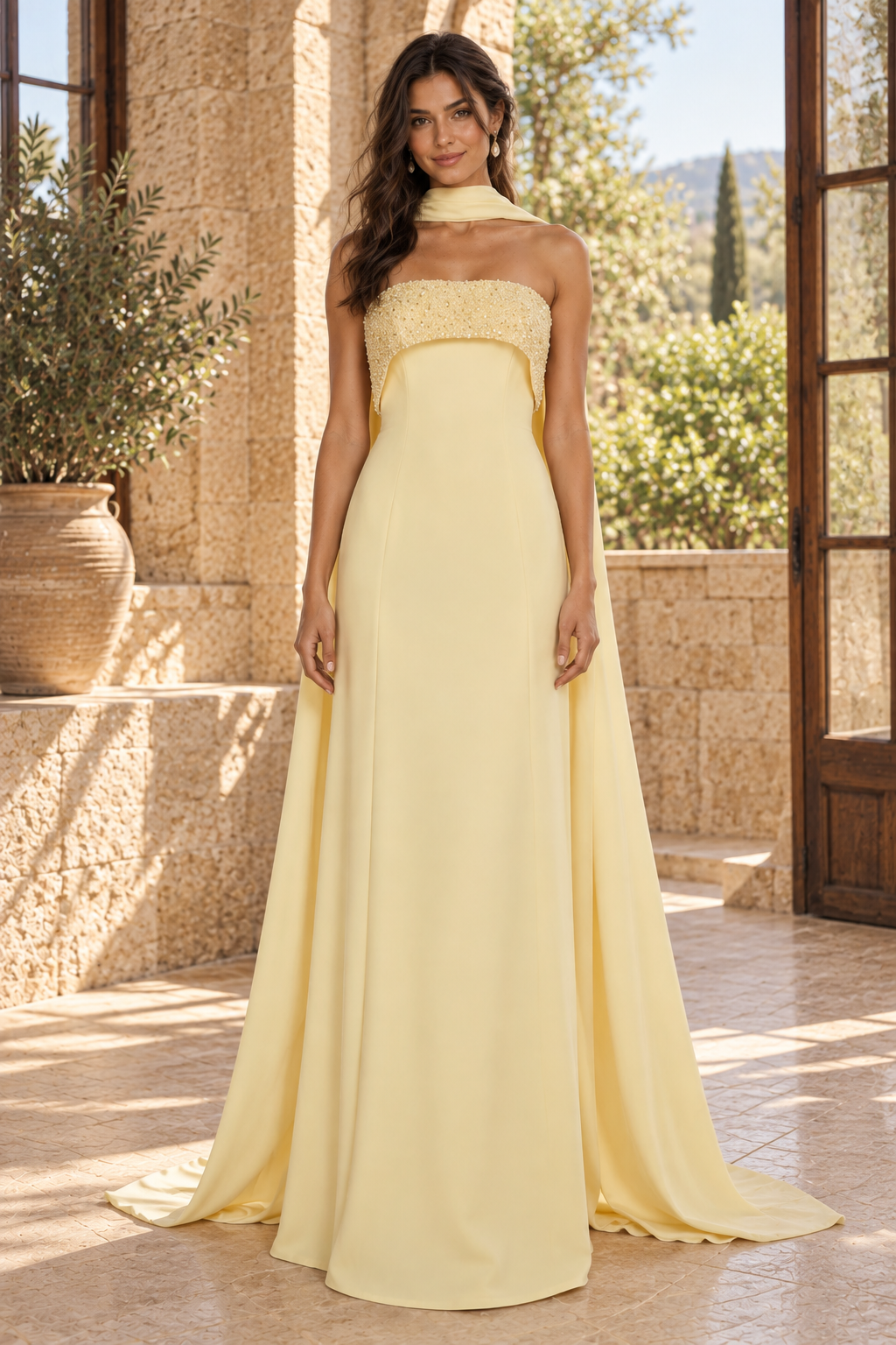 Strapless Beaded Bodice Gown with Cape Drape