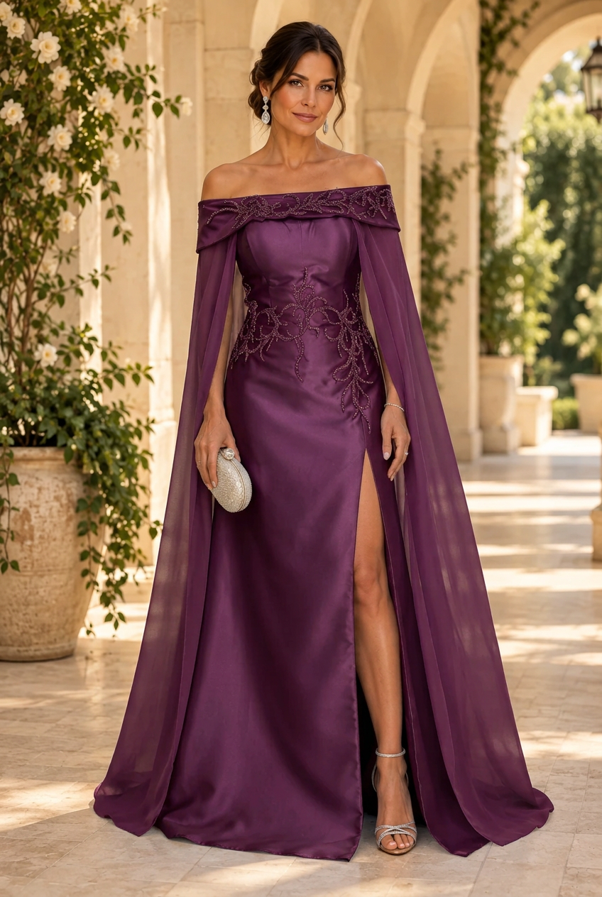 Off-the-Shoulder Cape Evening Gown with Slit