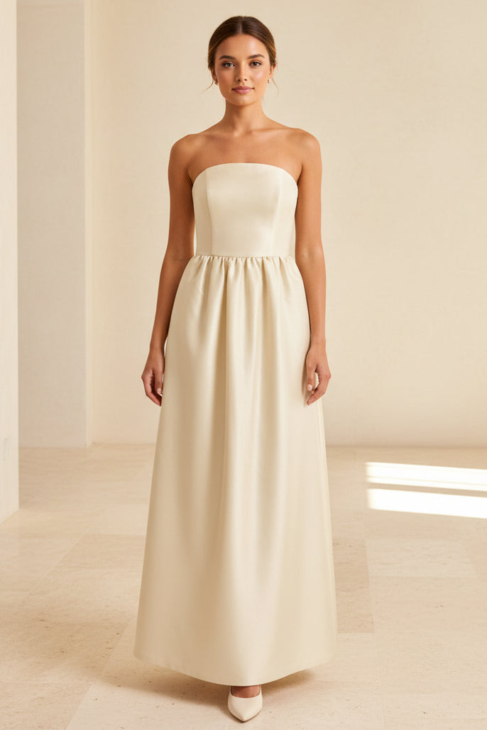 Vestido largo palabra de honor estilo A con cintura fruncida