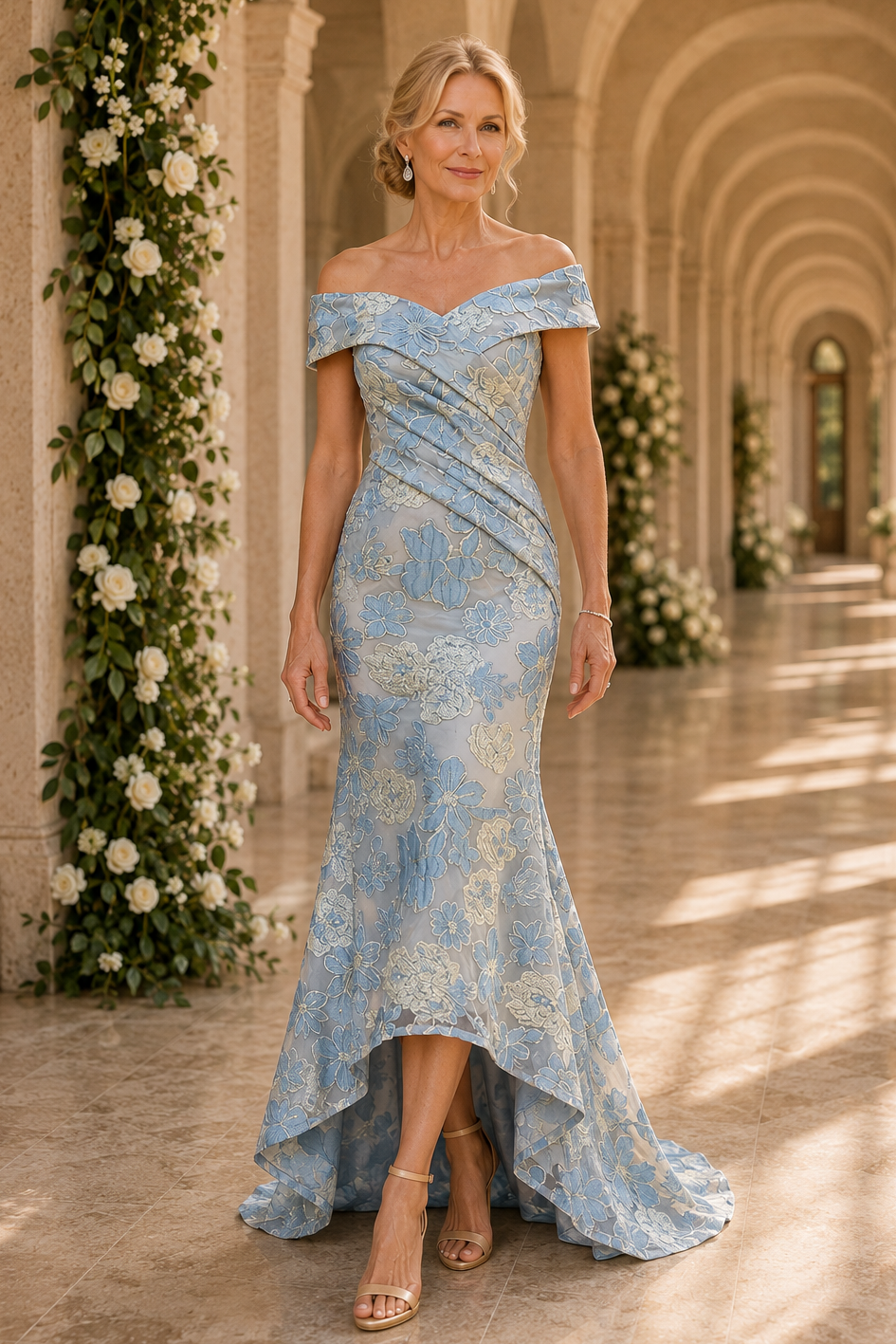 Vestido de noche asimétrico con estampado floral y escote Bardot