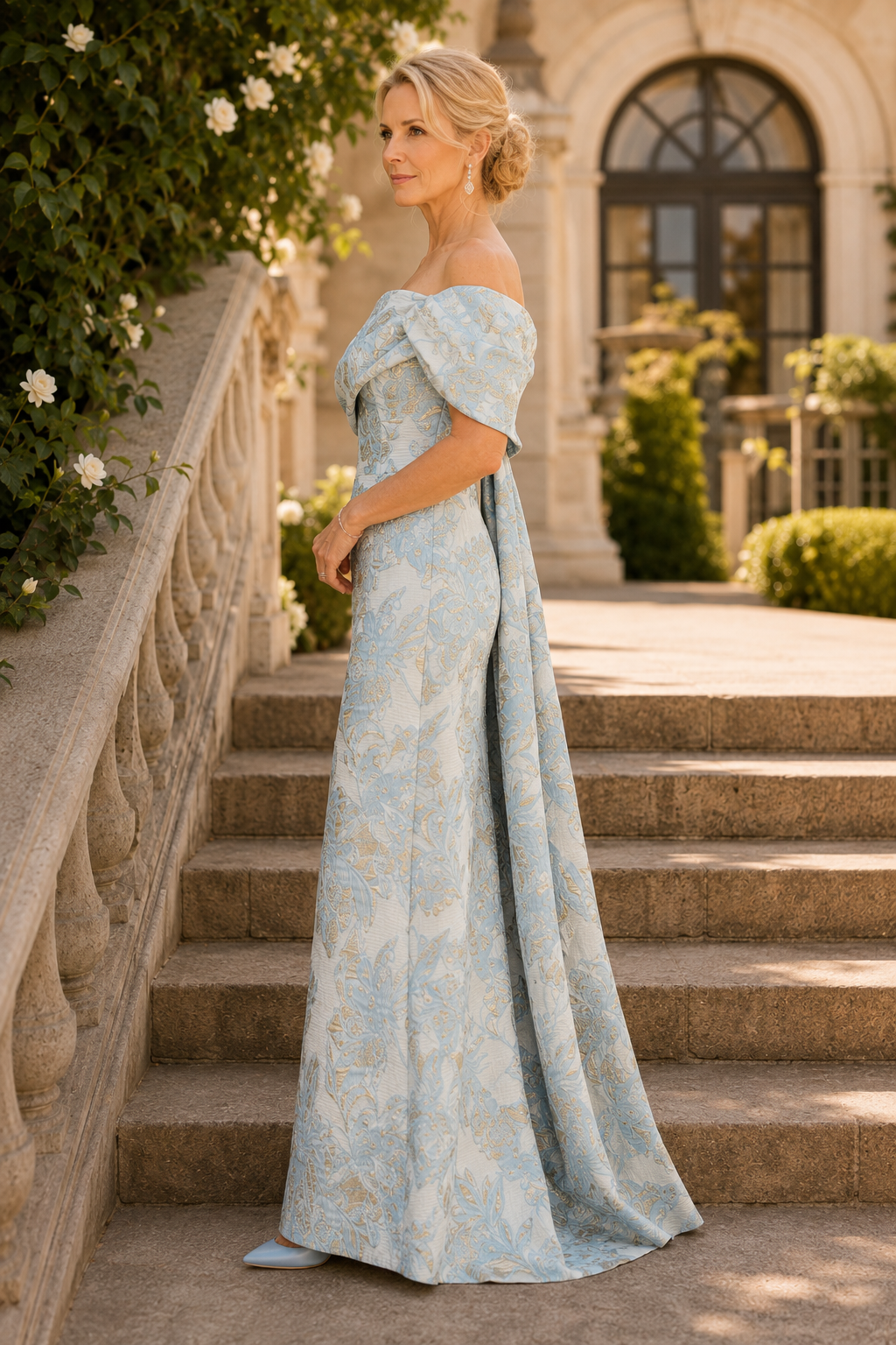 Vestido de brocado con hombros descubiertos y capa drapeada