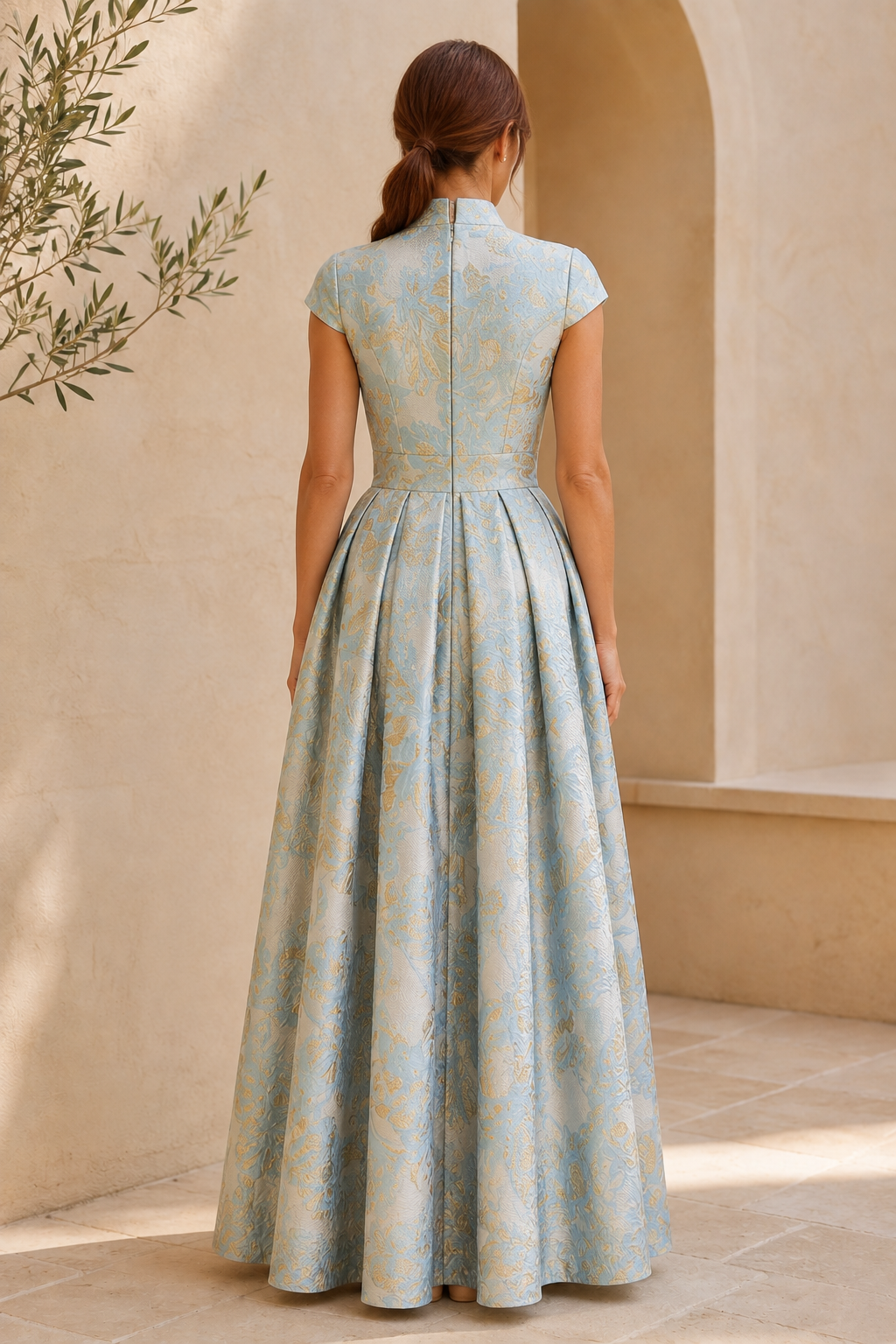 Vestido largo con cuello en V, jacquard floral y manga corta
