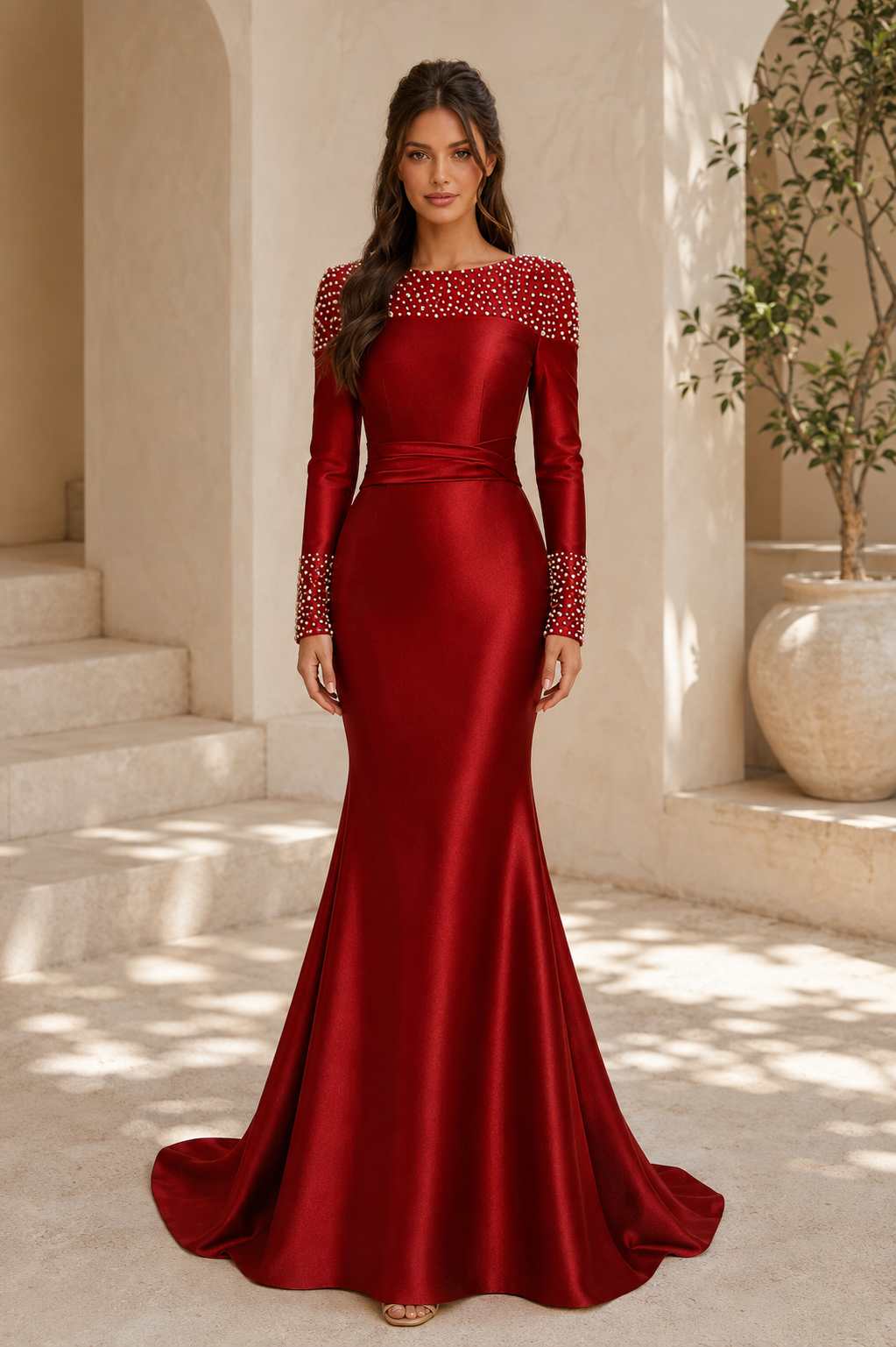 Vestido de noche tipo sirena de satén de manga larga con perlas