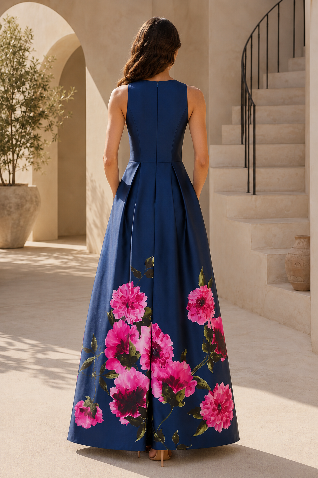 Vestido de noche acampanado con estampado floral y lazo en la cintura