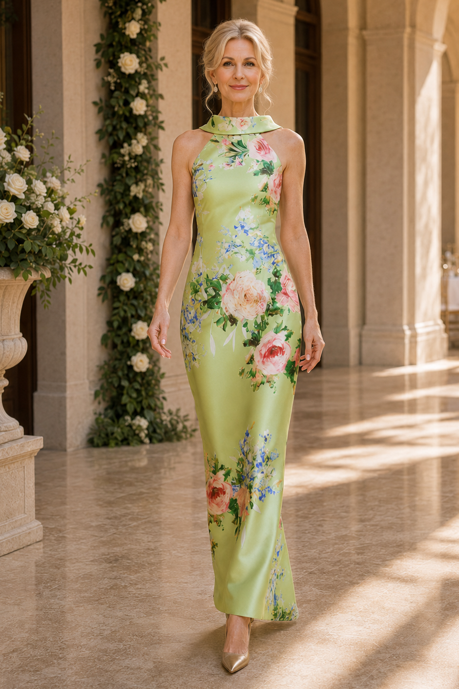 Vestido largo de cuello alto con estampado floral y lazo