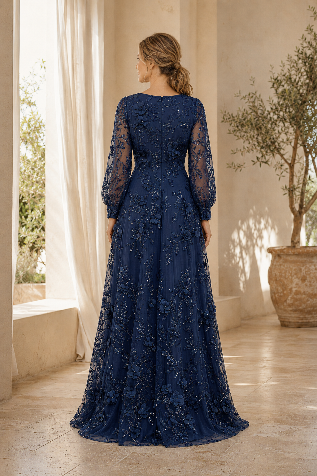 Vestido Largo de Novia Corte A de Encaje de Manga Larga con Aplicaciones Florales 3D
