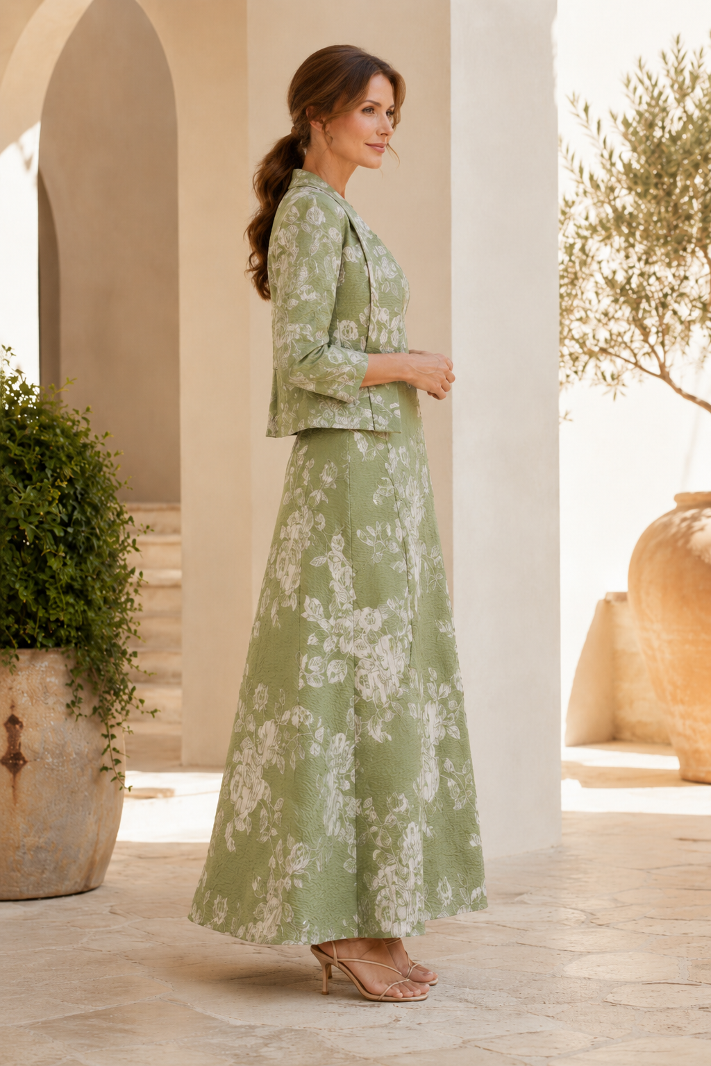 Vestido maxi acampanado de jacquard floral con conjunto de chaqueta corta