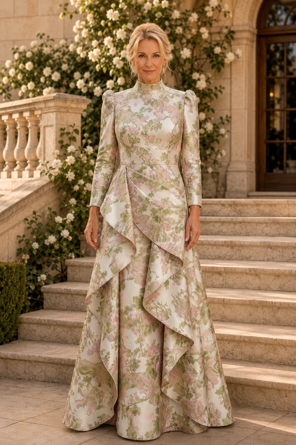 Vestido de noche de jacquard floral de cuello alto con volantes en cascada