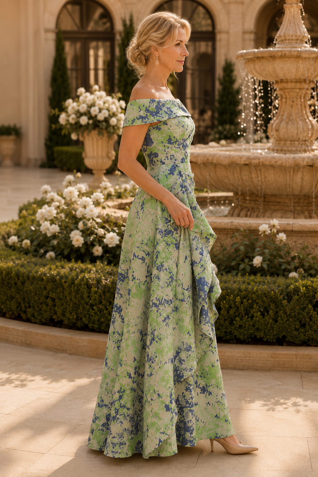 Vestido Largo A-Line con Pliegues por Niveles y Hombros Descubiertos