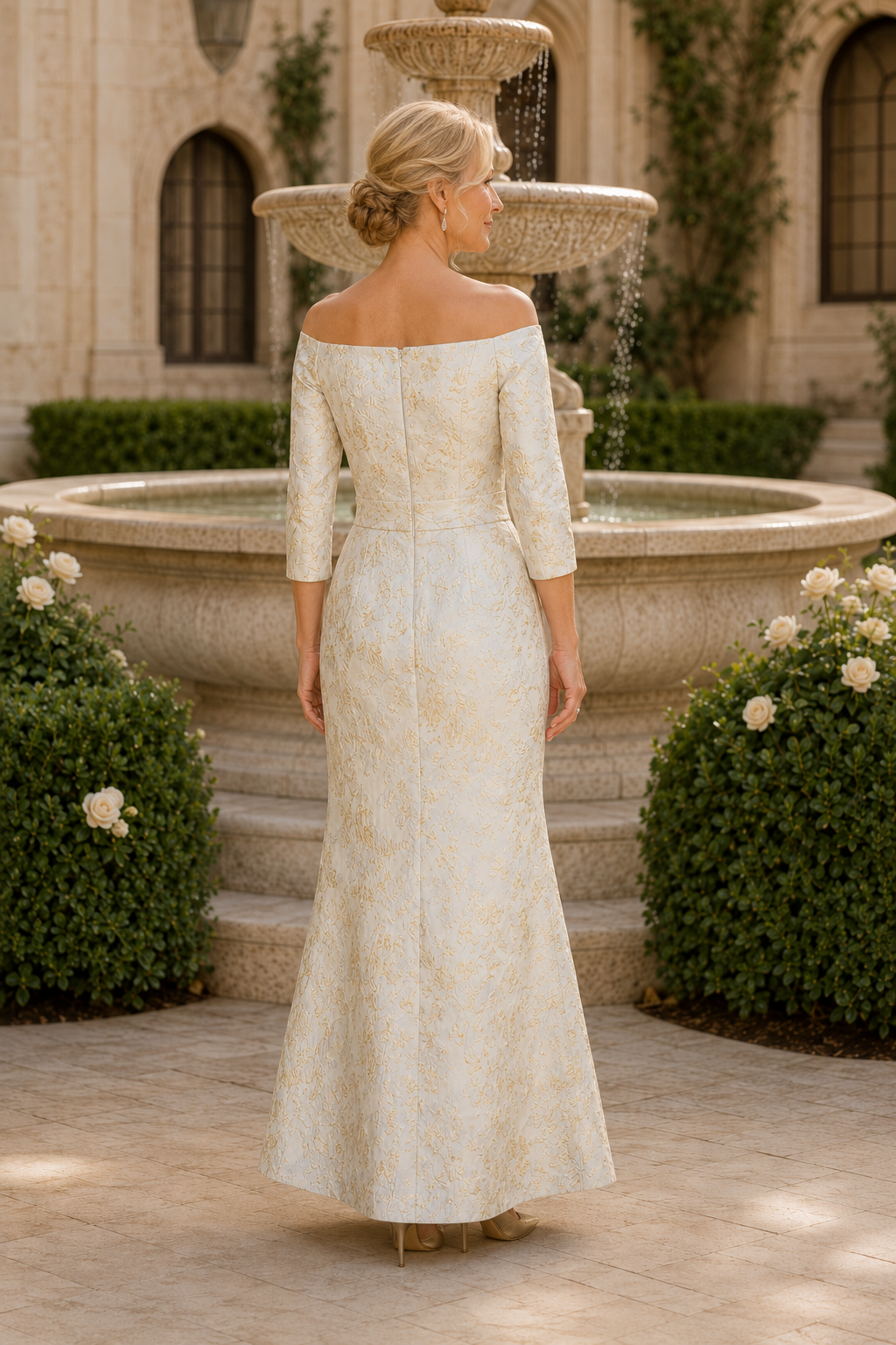 Vestido jacquard de manga tres cuartos con hombros descubiertos