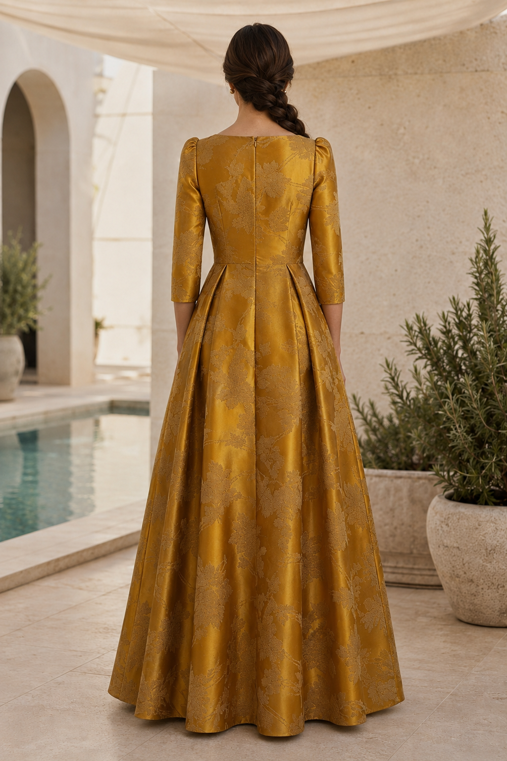 Vestido acampanado Jacquard de corte asimétrico con mangas tres cuartos