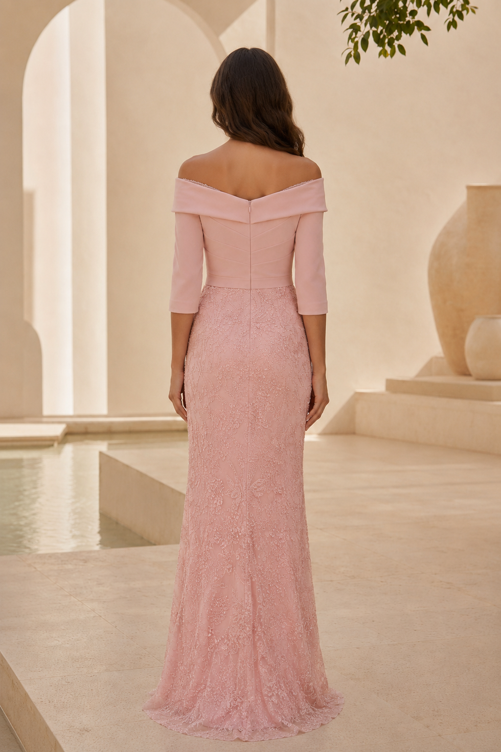 Vestido de noche sirena de encaje con cuentas y hombros descubiertos