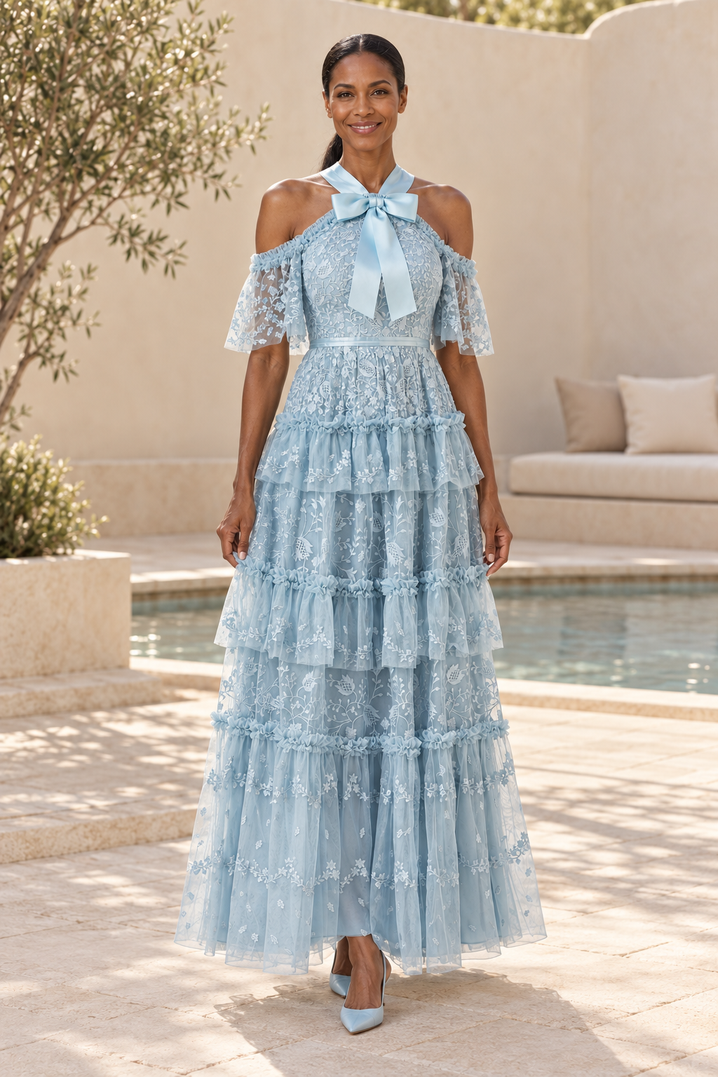 Tiered Floral Embroidered Halter Maxi Dress
