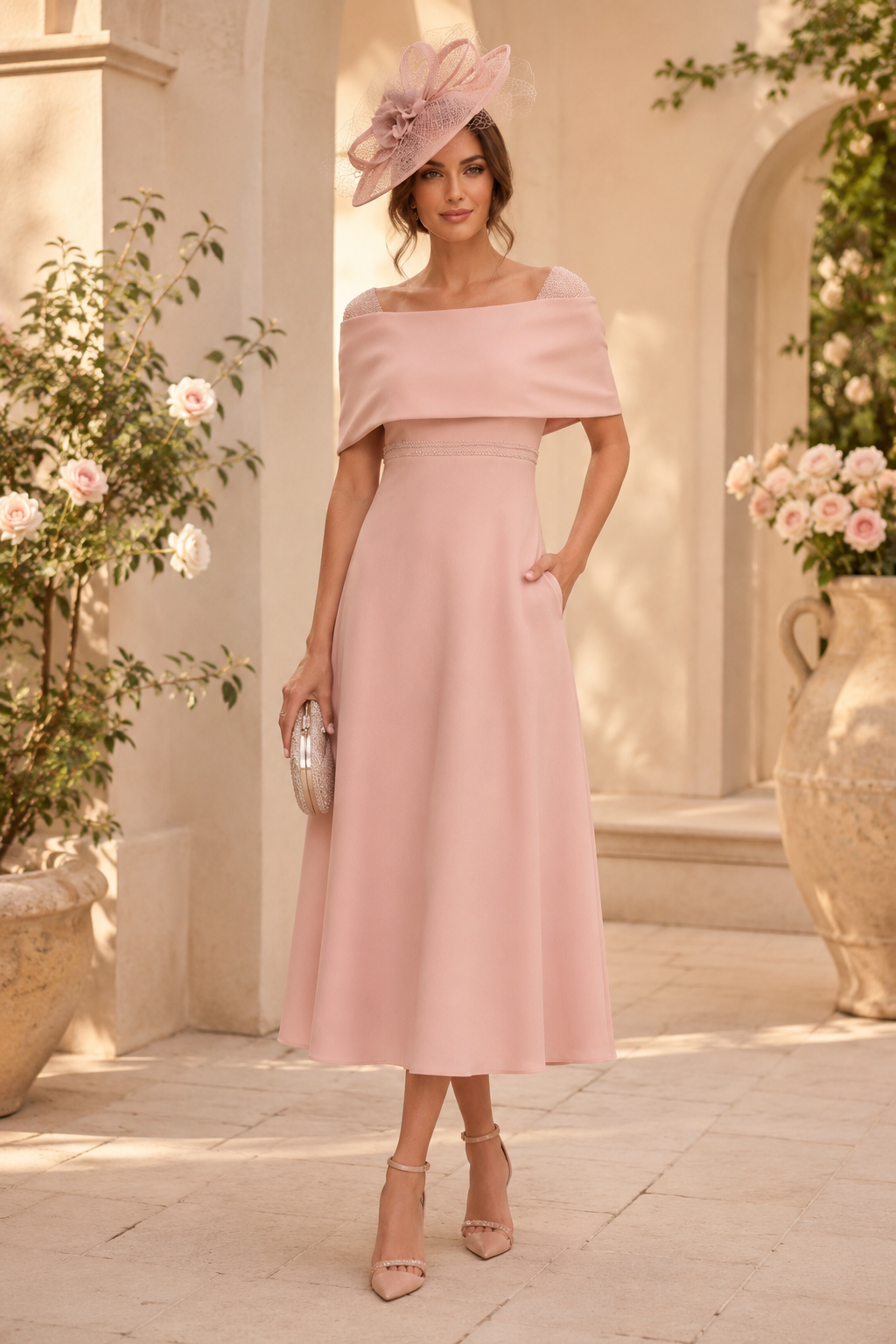 Vestido Midi con Escote Bardot y Detalle de Lazo en la Espalda