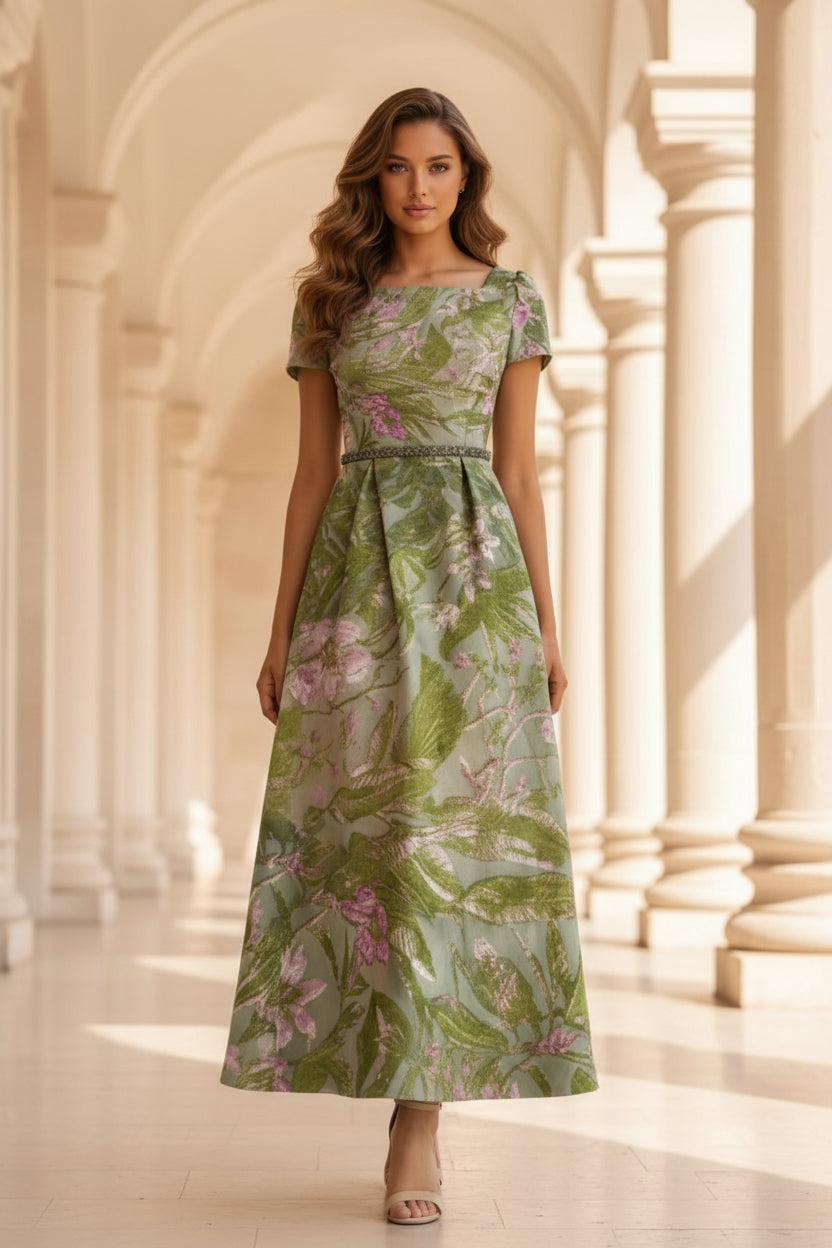 Vestido largo de jacquard floral con cinturón de cuentas
