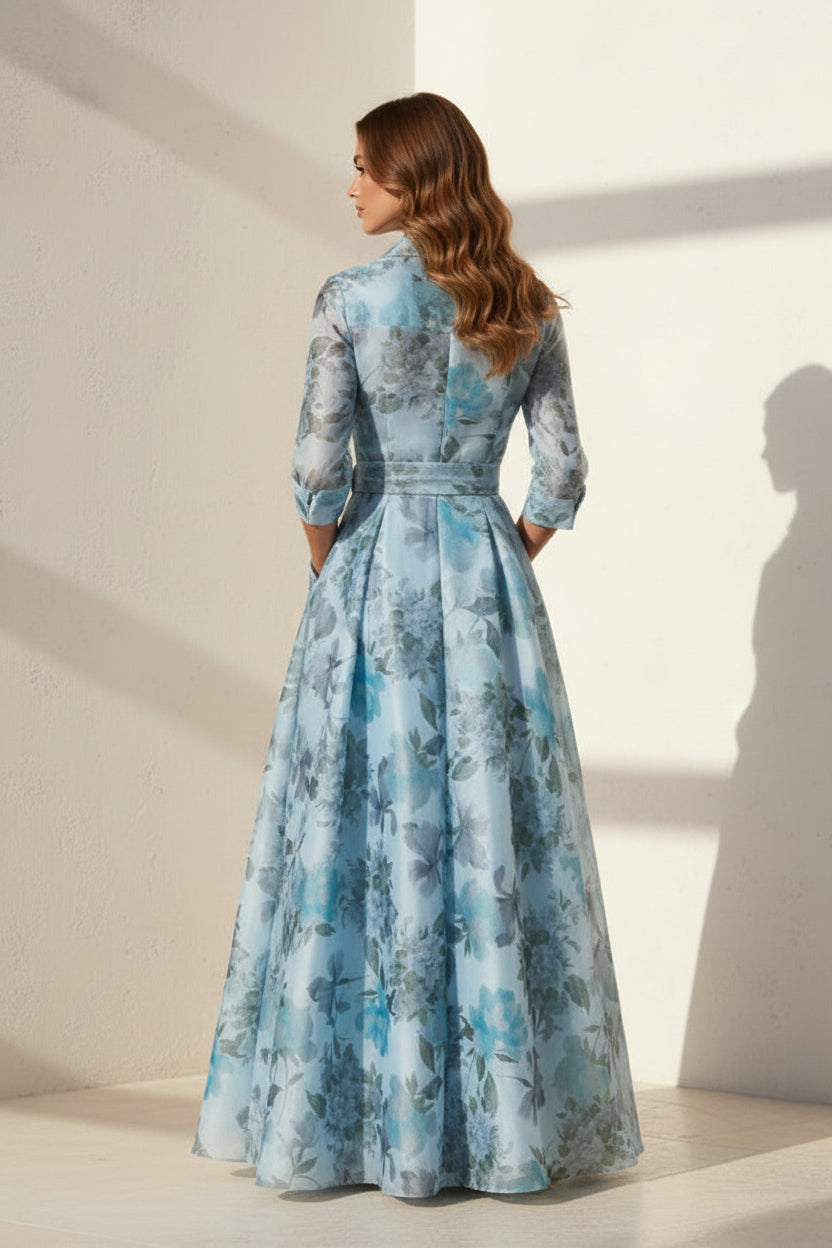 Vestido largo de organza estilo camisa con estampado floral y lazo