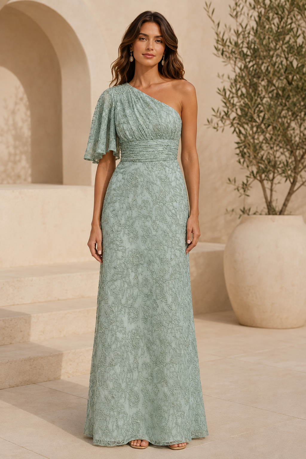 Vestido de Noche Largo de Encaje con Manga Acampanada de Un Solo Hombro
