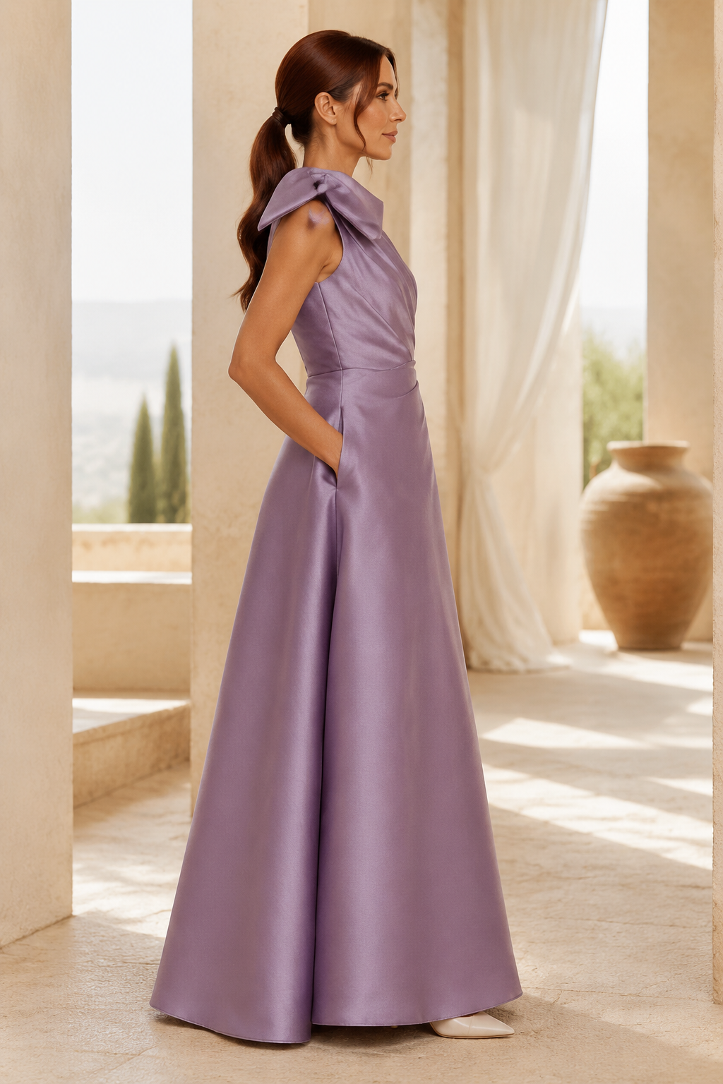 Vestido largo de satén con escote asimétrico, lazo y bolsillos