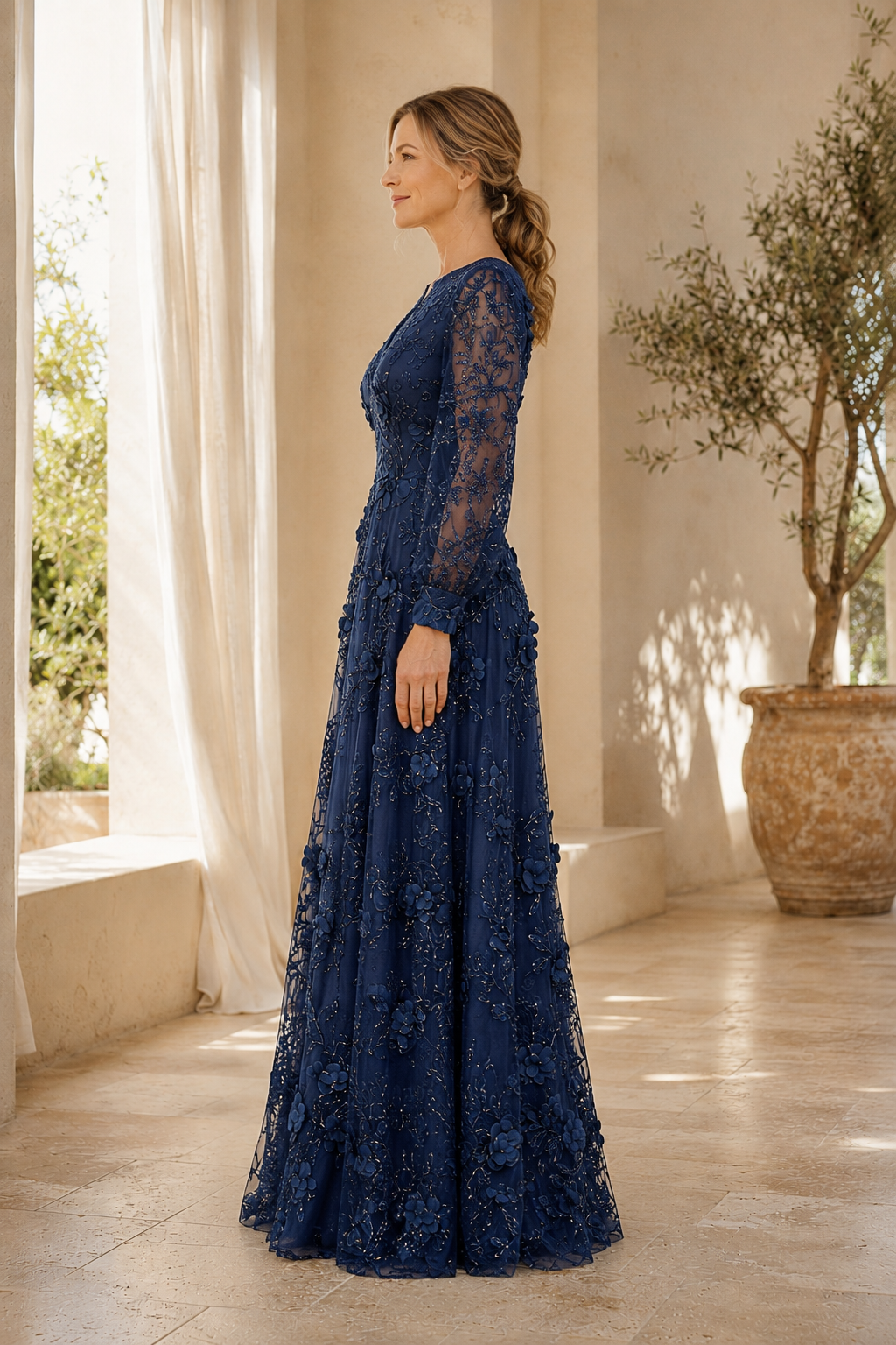 Vestido Largo de Novia Corte A de Encaje de Manga Larga con Aplicaciones Florales 3D