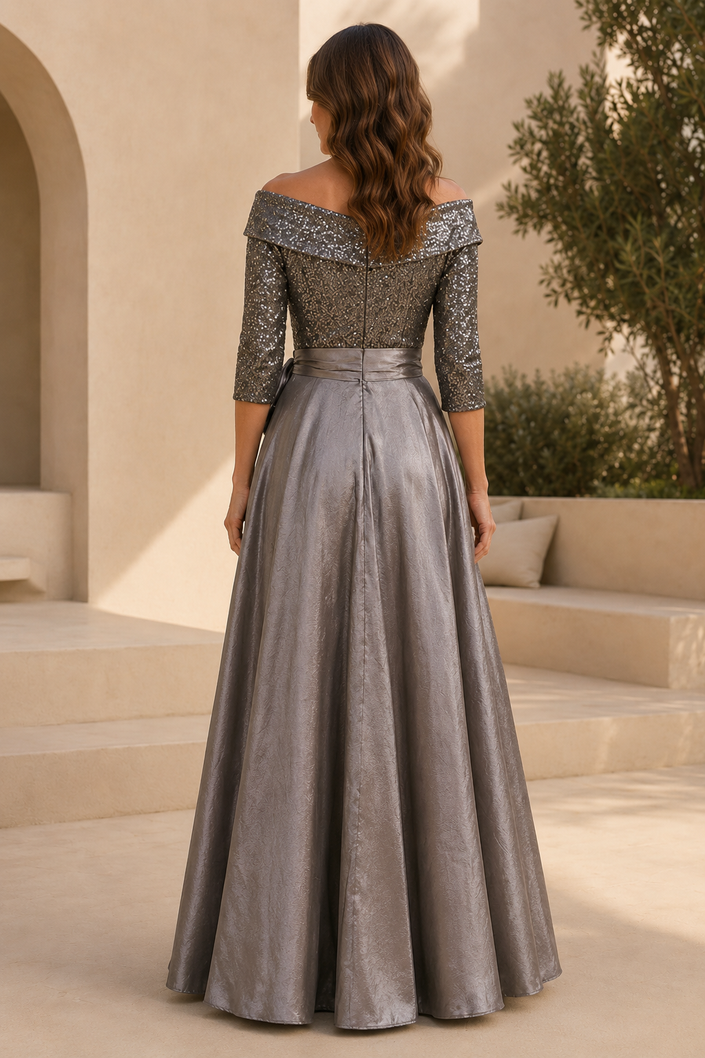 Vestido de noche largo con escote de hombros caídos y corpiño de lentejuelas
