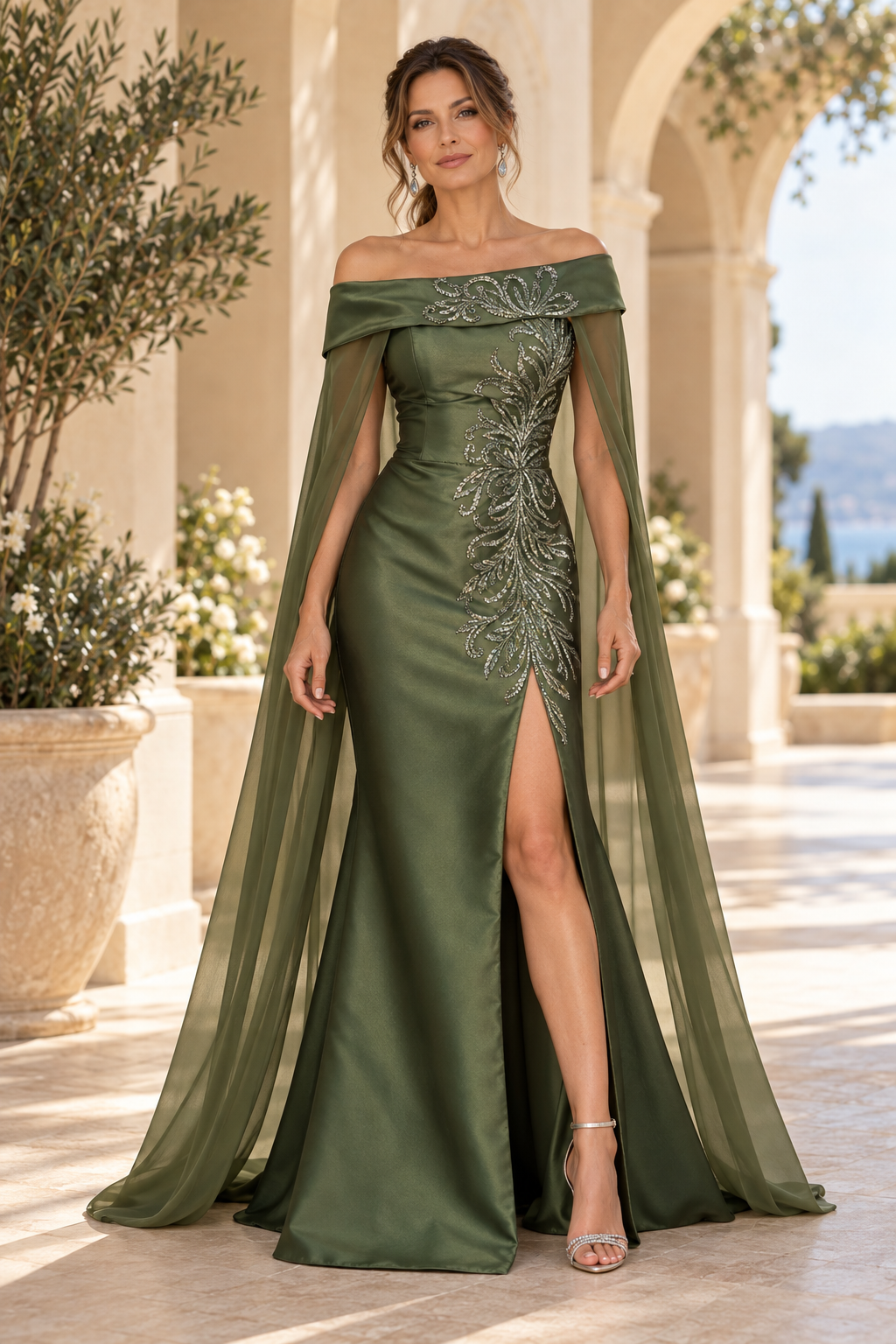 Off-the-Shoulder Beaded Gown with Cape Sleeves