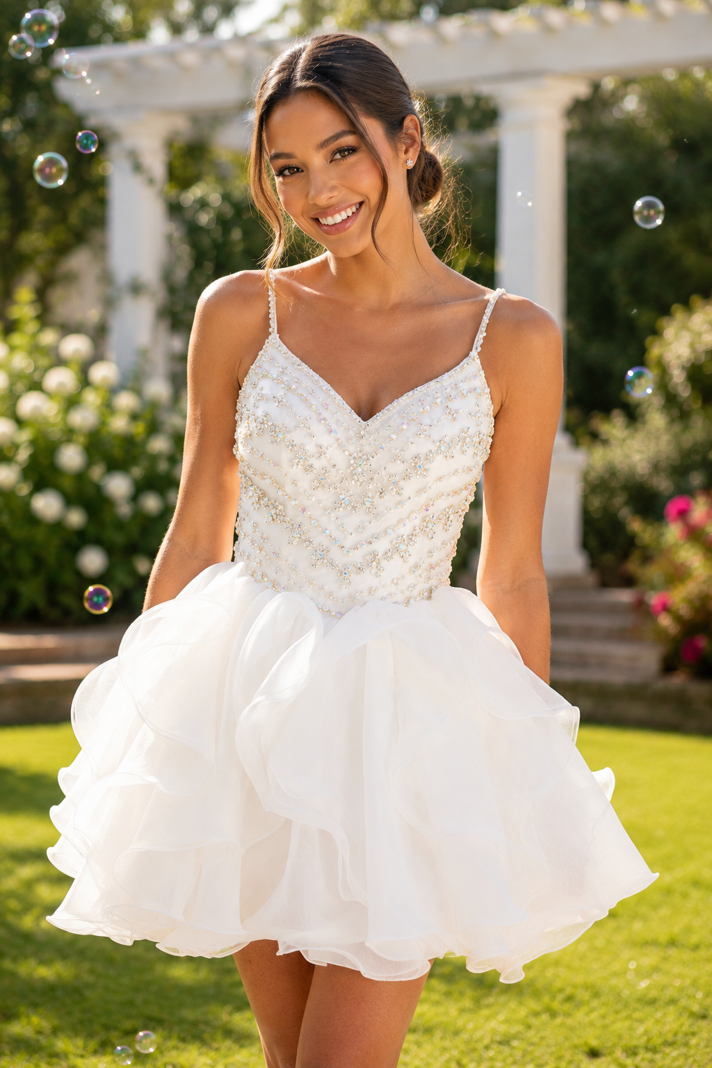 Minivestido de organza con volantes y corpiño de cuentas