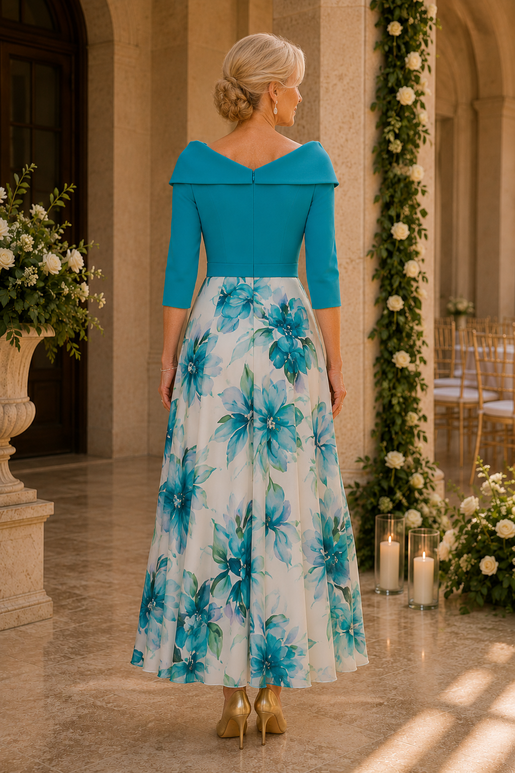 Vestido hasta el tobillo con cuello retrato, floral y plisado