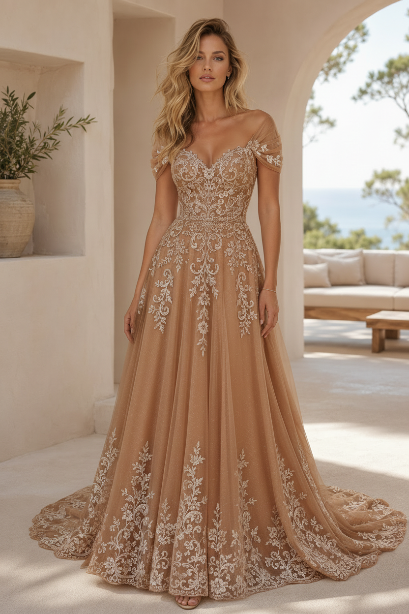 Vestido de novia de corte A con apliques de encaje y escote Bardot
