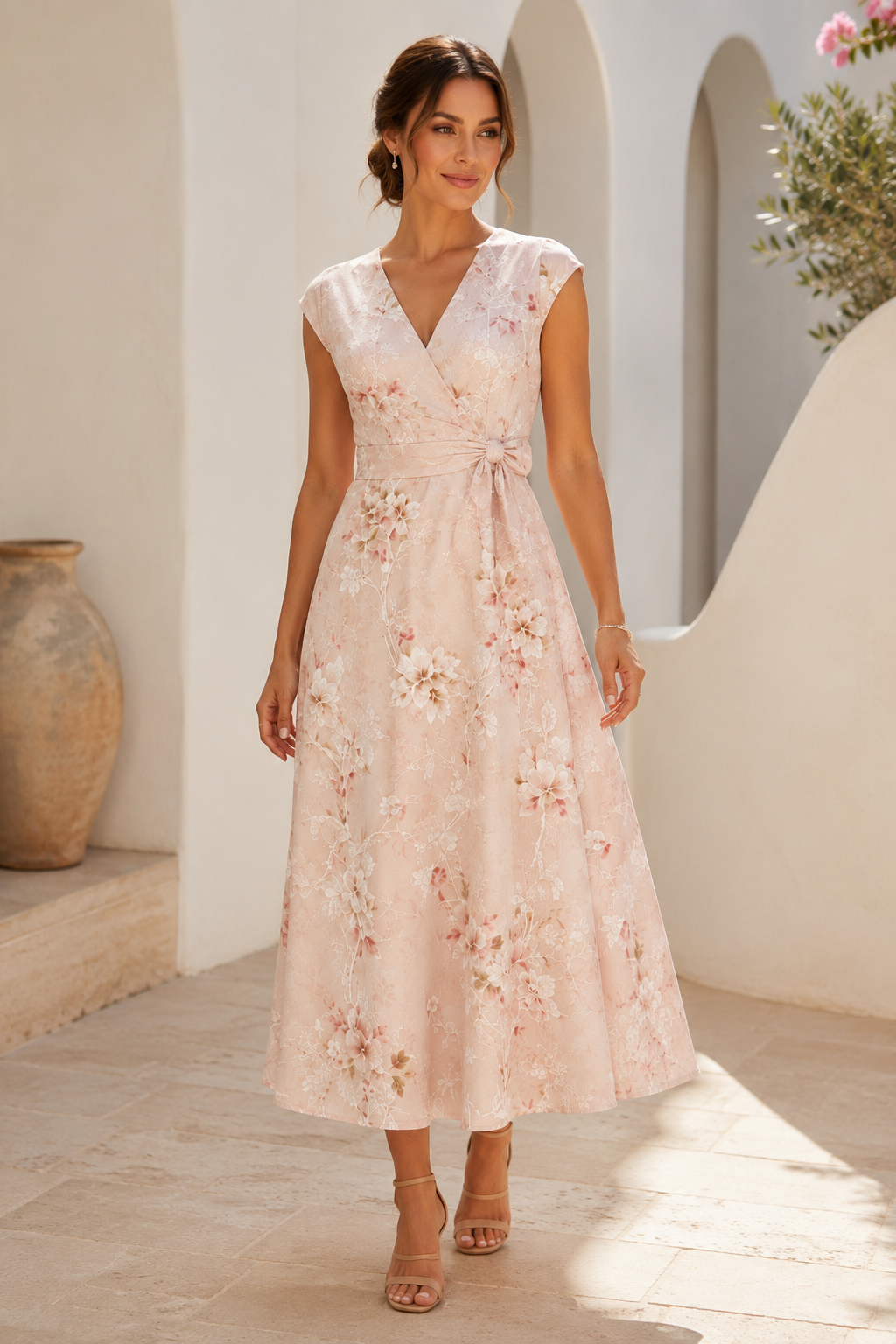 Vestido midi de vuelo con cuello en V floral y manga casquillo