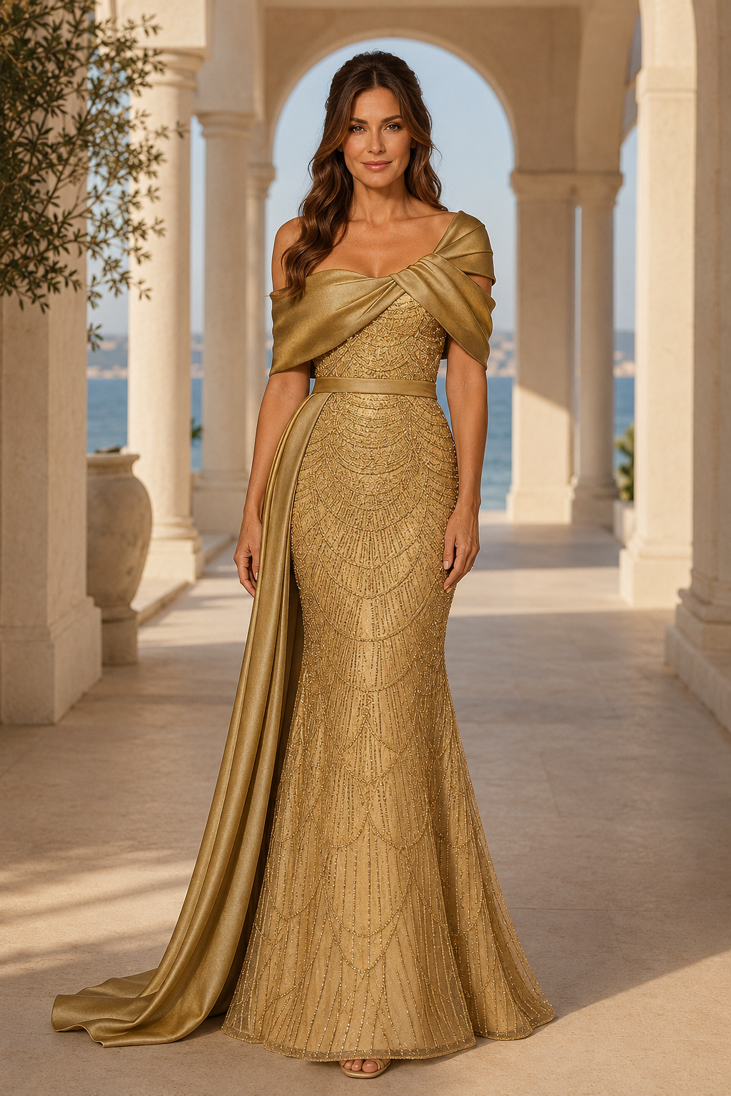Vestido de sirena con hombros descubiertos, patrón de lentejuelas y drapeado de satén