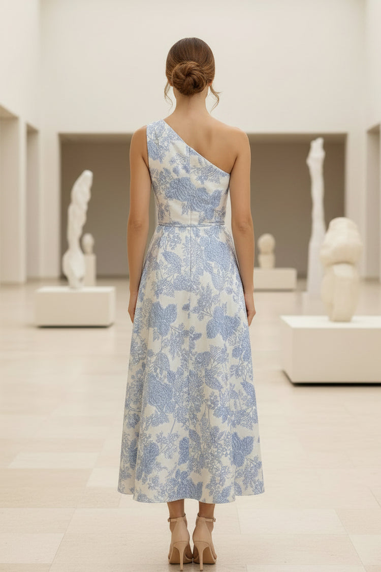 Vestido midi jacquard floral de un hombro con volantes