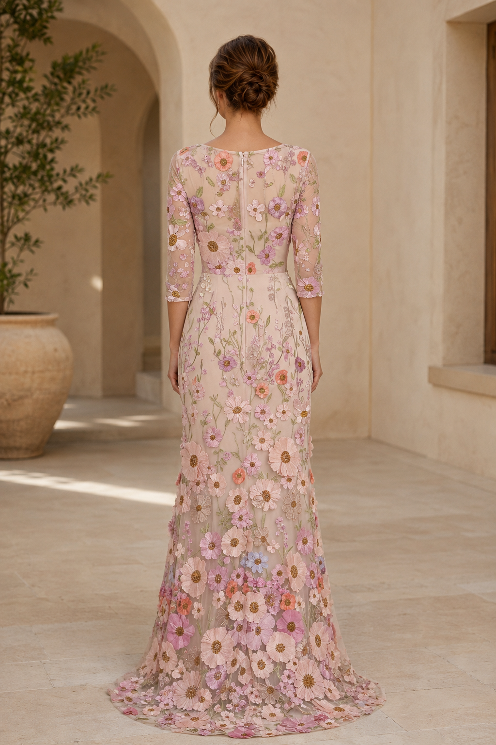 Vestido de noche con cuello en V bordado floral en 3D y mangas 3/4
