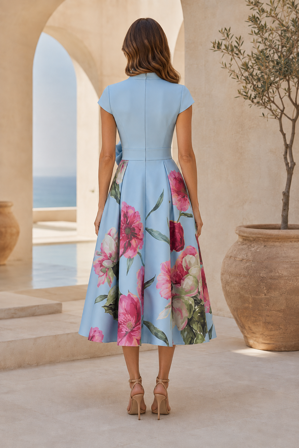 Vestido midi ajustado y con vuelo de estampado floral con cintura de flores