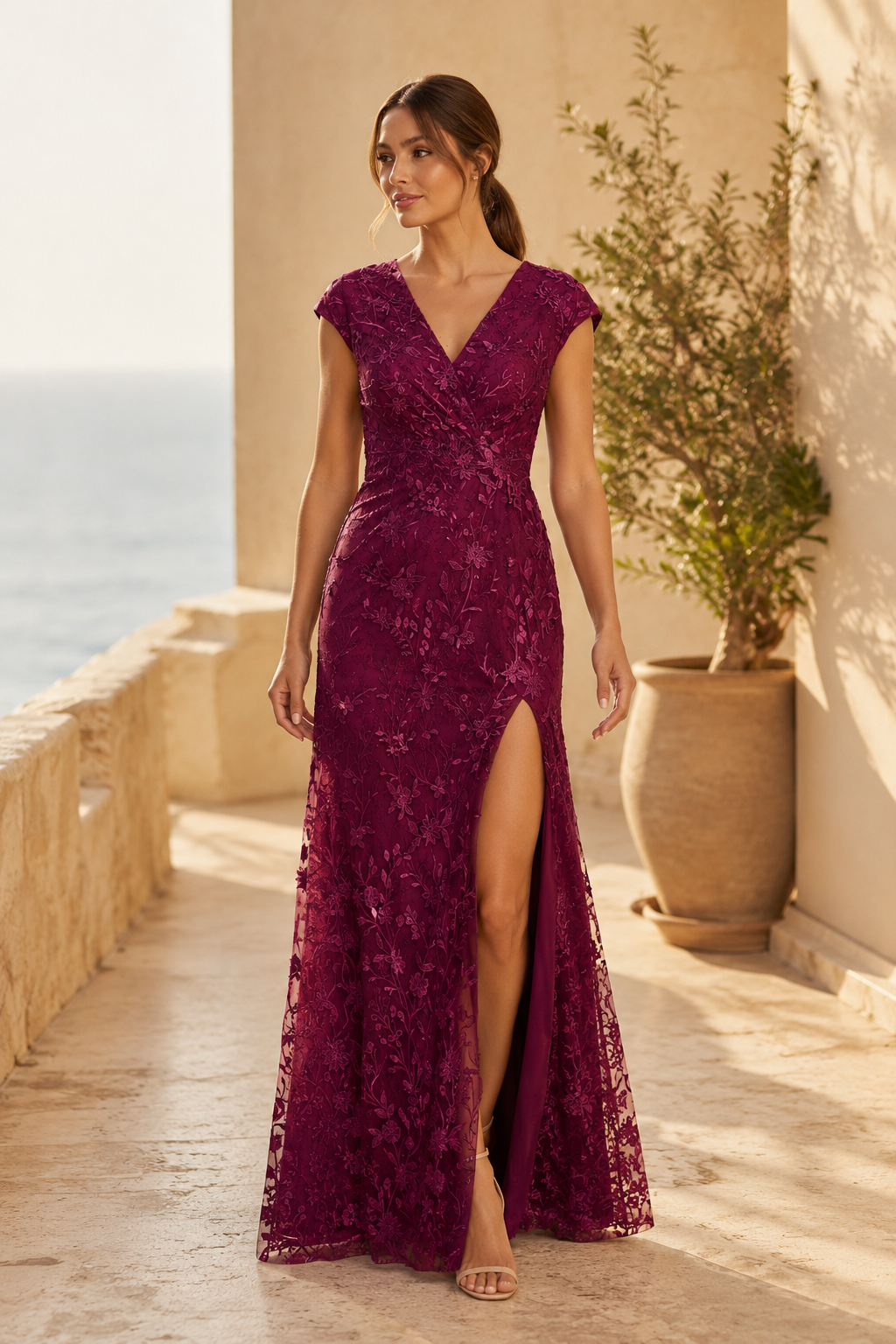 Vestido de Noche con Mangas Casquillo de Encaje Floral y Abertura Alta