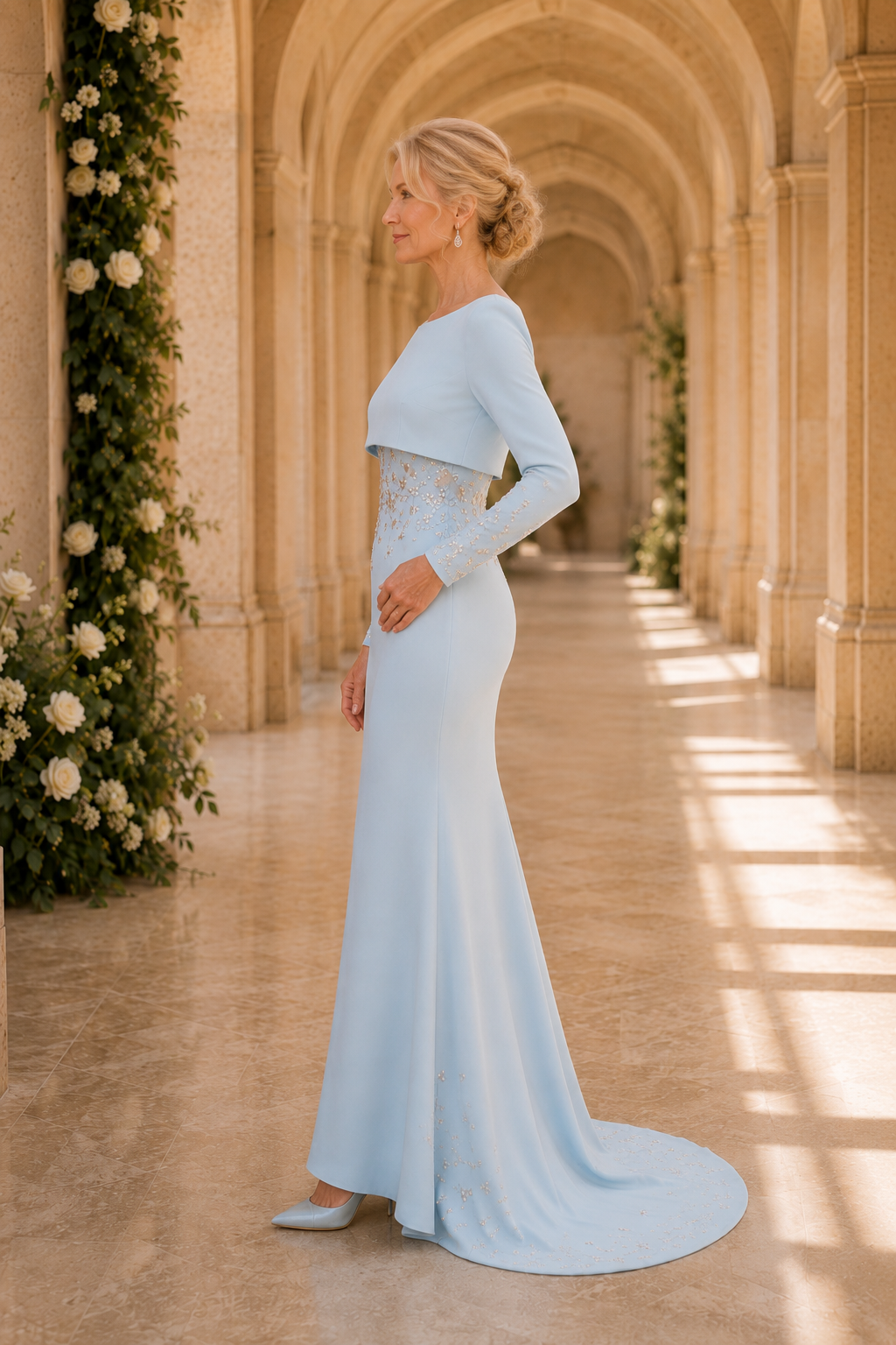 Vestido de tubo con abalorios y sobrefalda corta