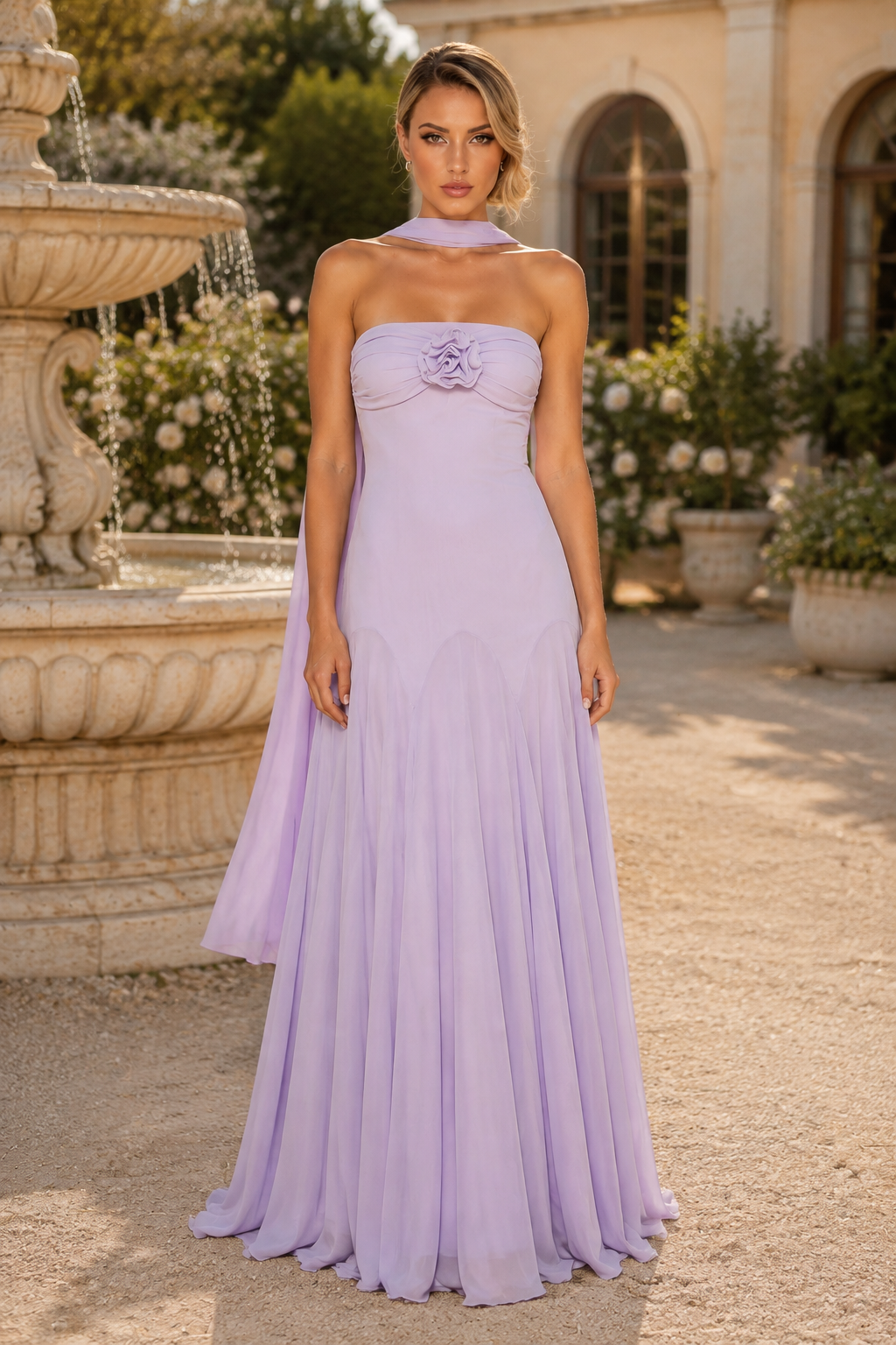 Vestido de chifón plisado con rosetas sin tirantes y bufanda