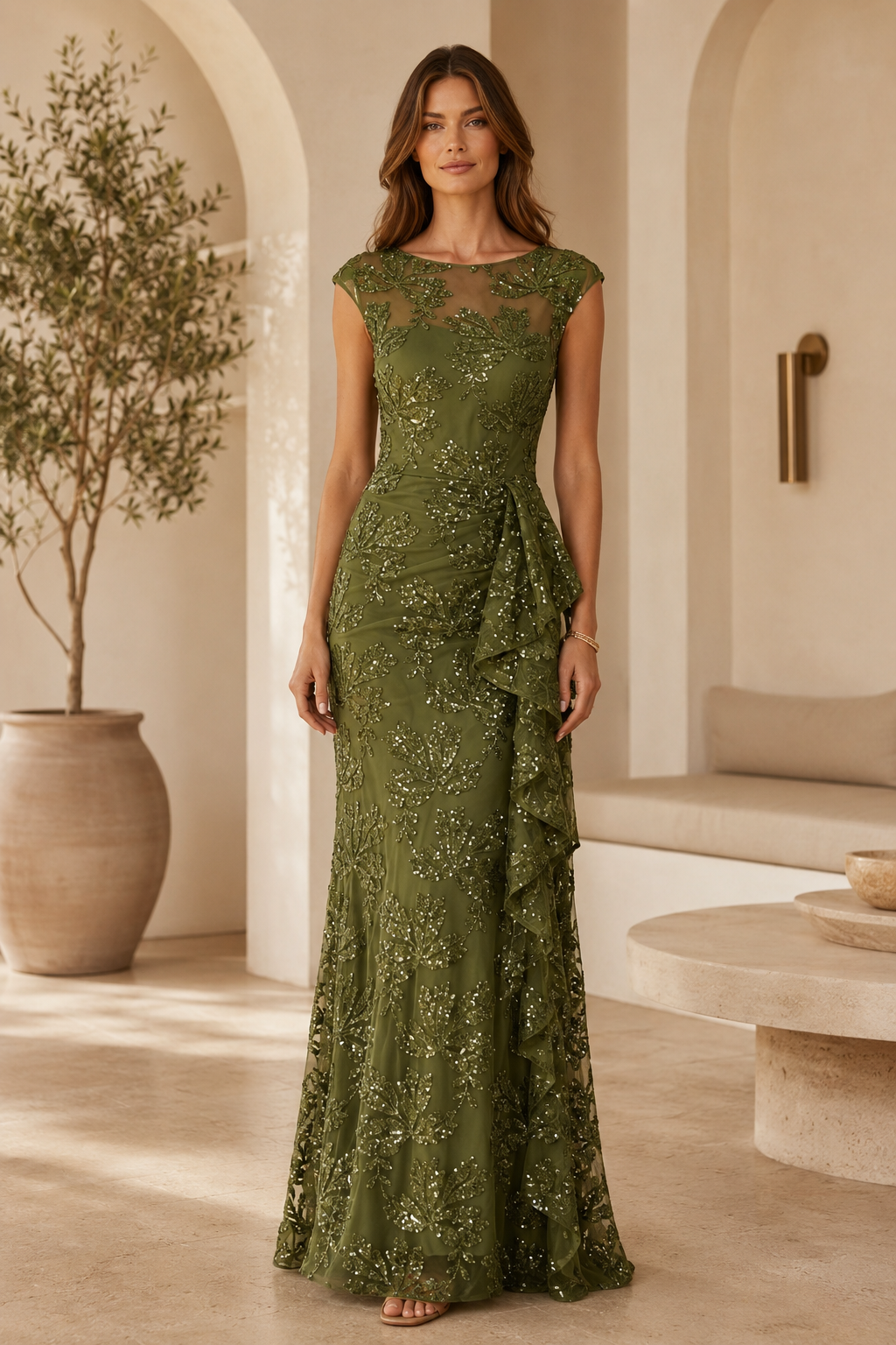 Vestido largo de columna ilusión con lentejuelas en forma de hoja y volantes