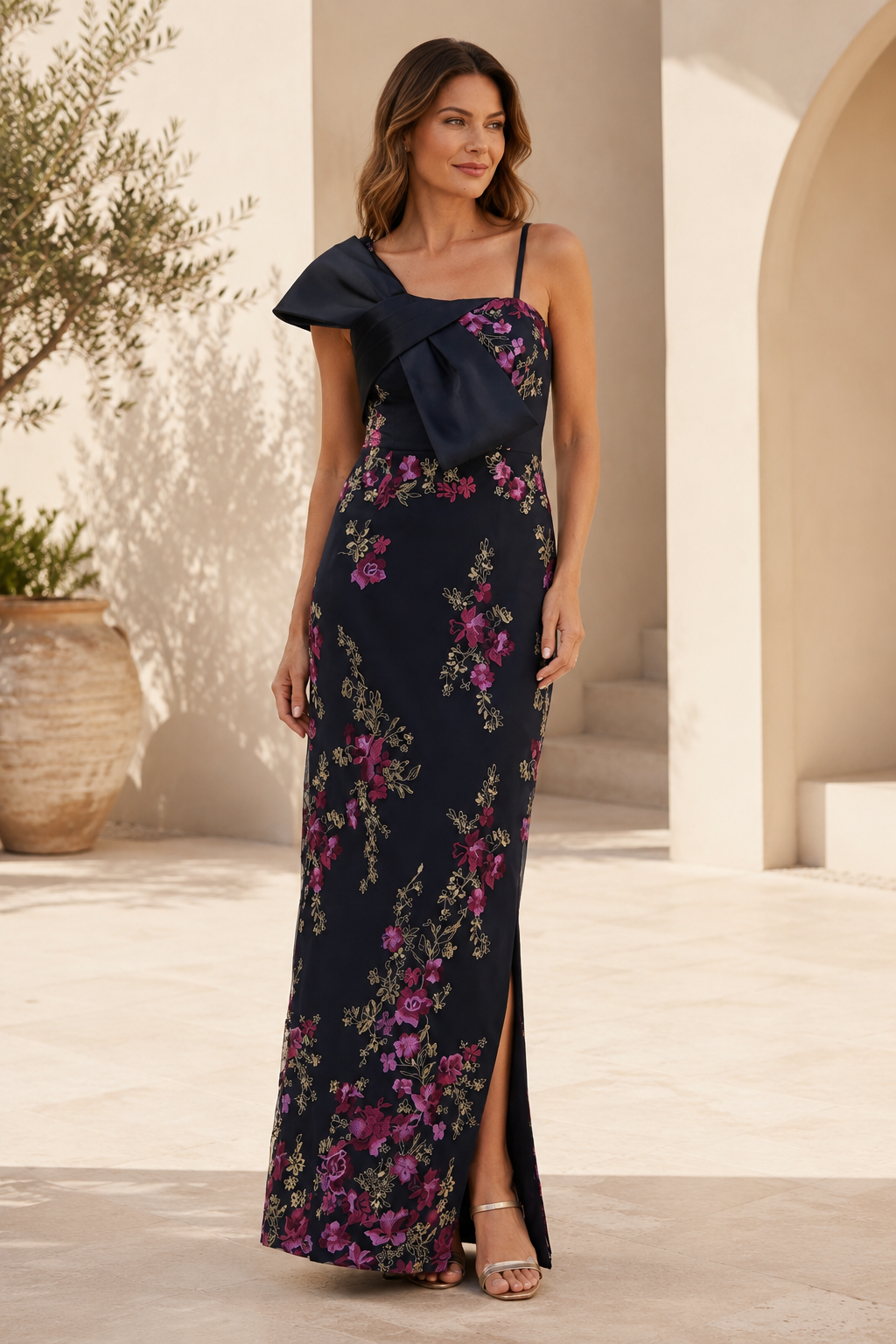Vestido de noche con un hombro y bordado floral con abertura