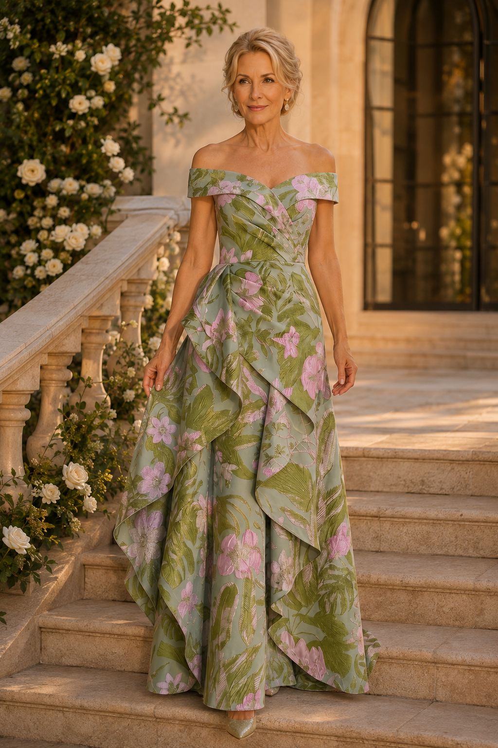 Vestido largo en jacquard floral con cascada de volantes y hombros descubiertos