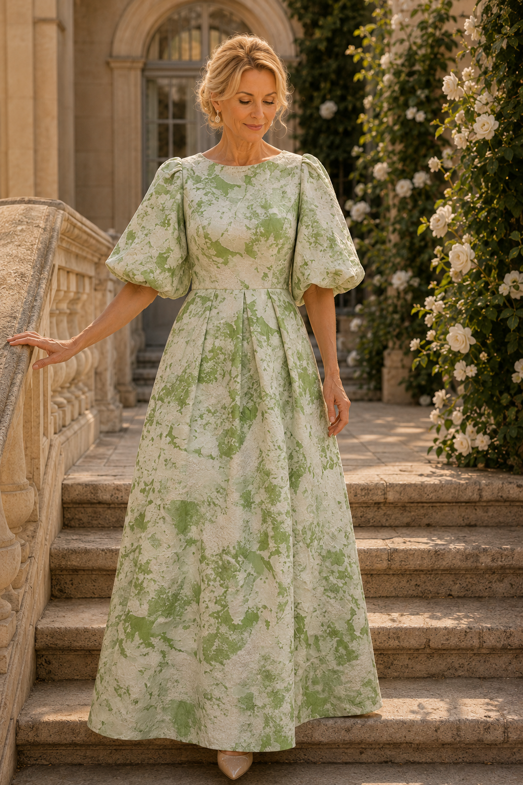 Vestido largo plisado de corte A con mangas abullonadas