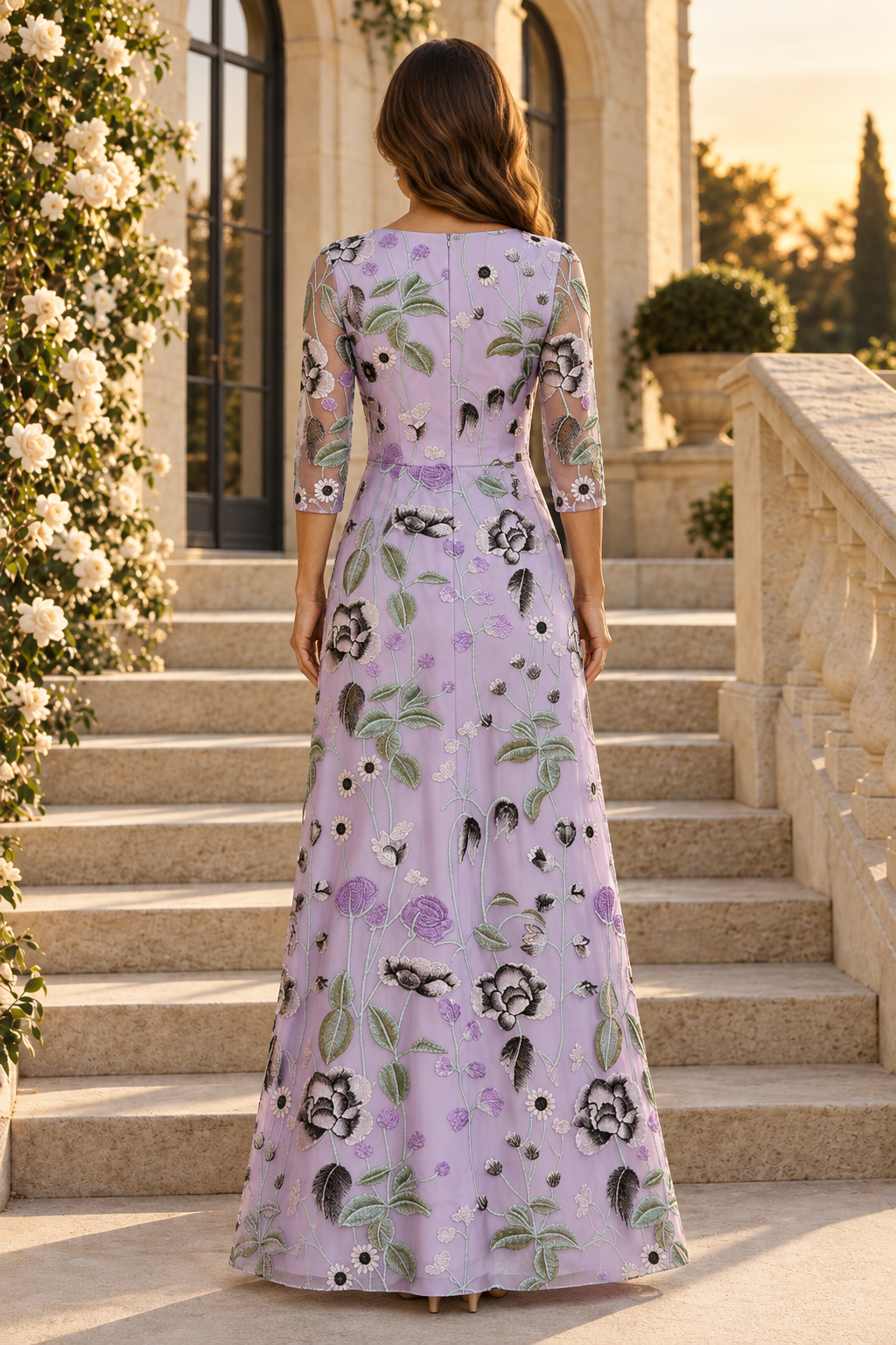 Vestido de corte A floral bordado con mangas 3/4