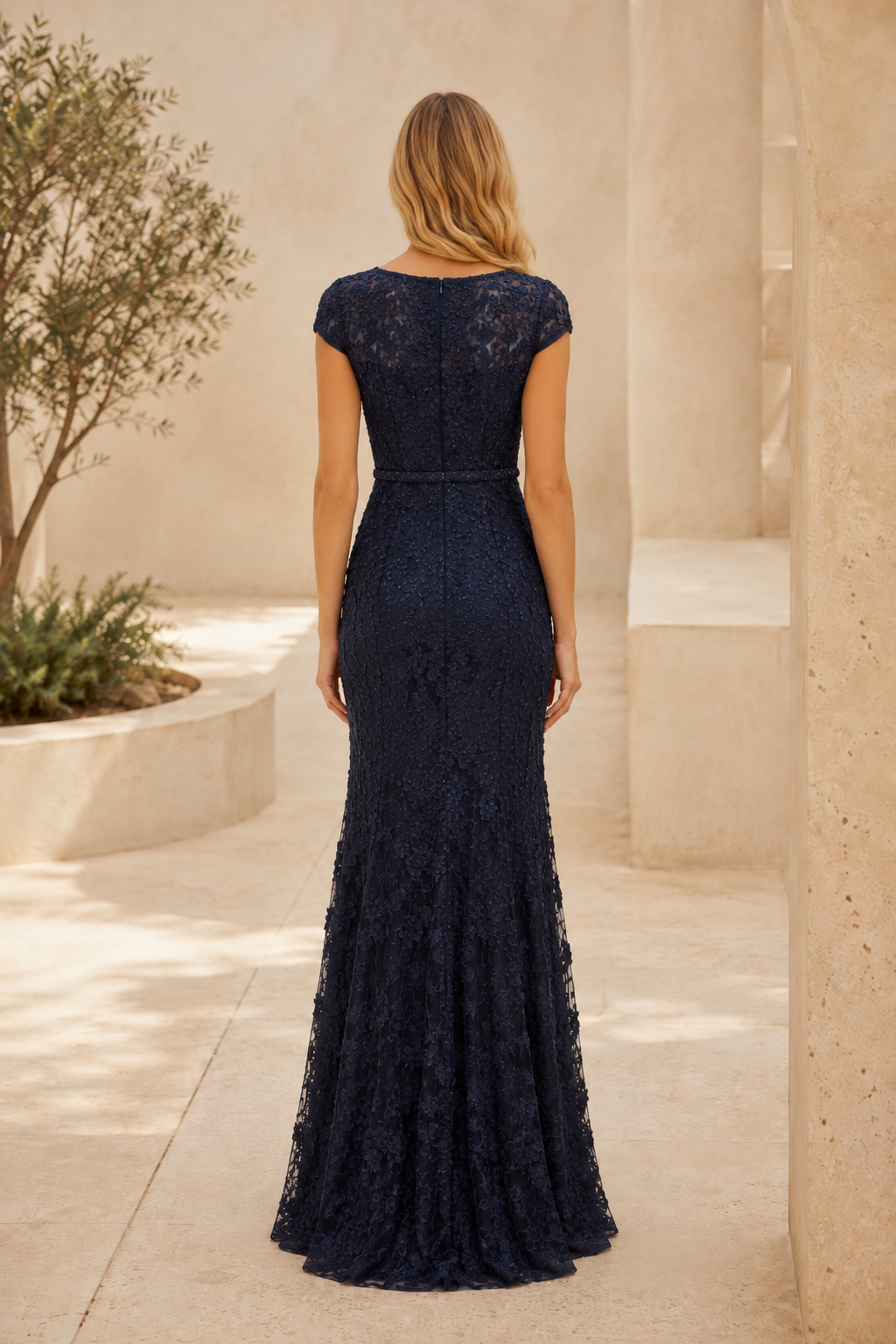 Vestido de noche sirena con mangas casquillo de encaje floral