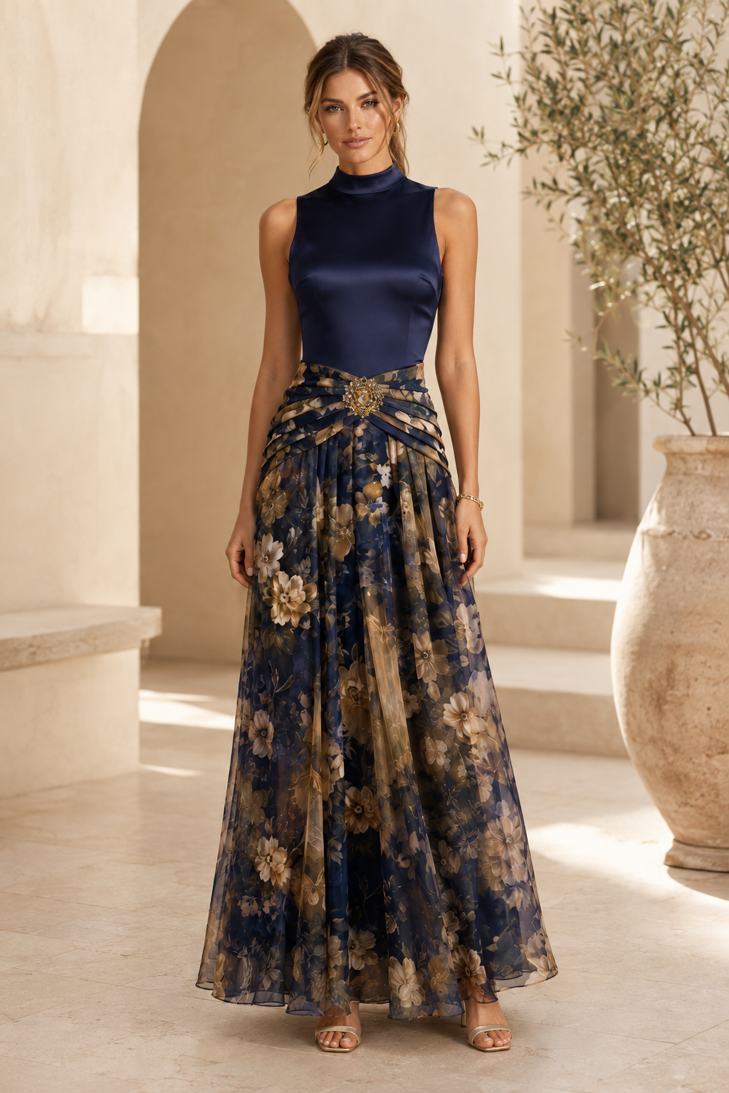 Vestido de noche acampanado con cuello alto y estampado floral